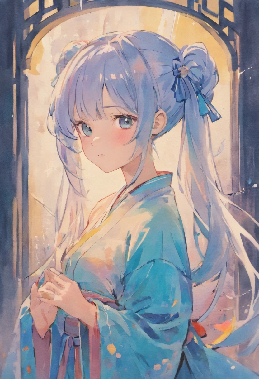 Watercolor painting for girls by GHY, charming anime characters, Light silver and sky blue style, Chinese brushstrokes, Traditional oil painting techniques, Digital illustration, The girl wears a double ponytail, Rich background --Niji 5 --ar 4:7 – Relax