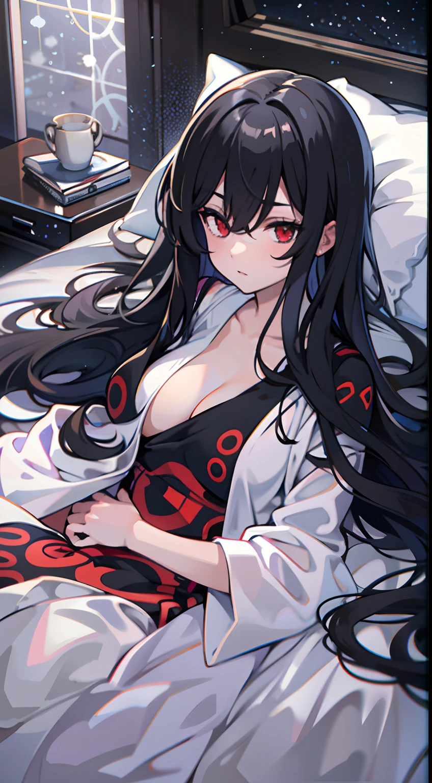 upper body, 1woman, black hair, Long Haired, red eyes, black Nightgowns, big breats, wallpaper, bedroom background, light particles, ((masterpiece)), ((best quality)), ((Top Quality)), pale white skin, solo, lying down