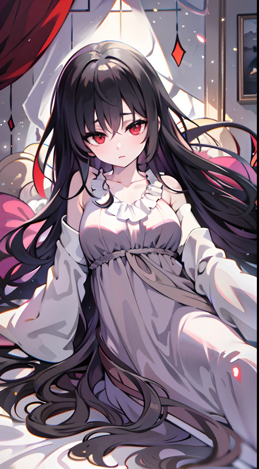upper body, 1woman, black hair, Long Haired, red eyes, black Nightgowns, big breats, wallpaper, bedroom background, light particles, ((masterpiece)), ((best quality)), ((Top Quality)), pale white skin, solo, lying down