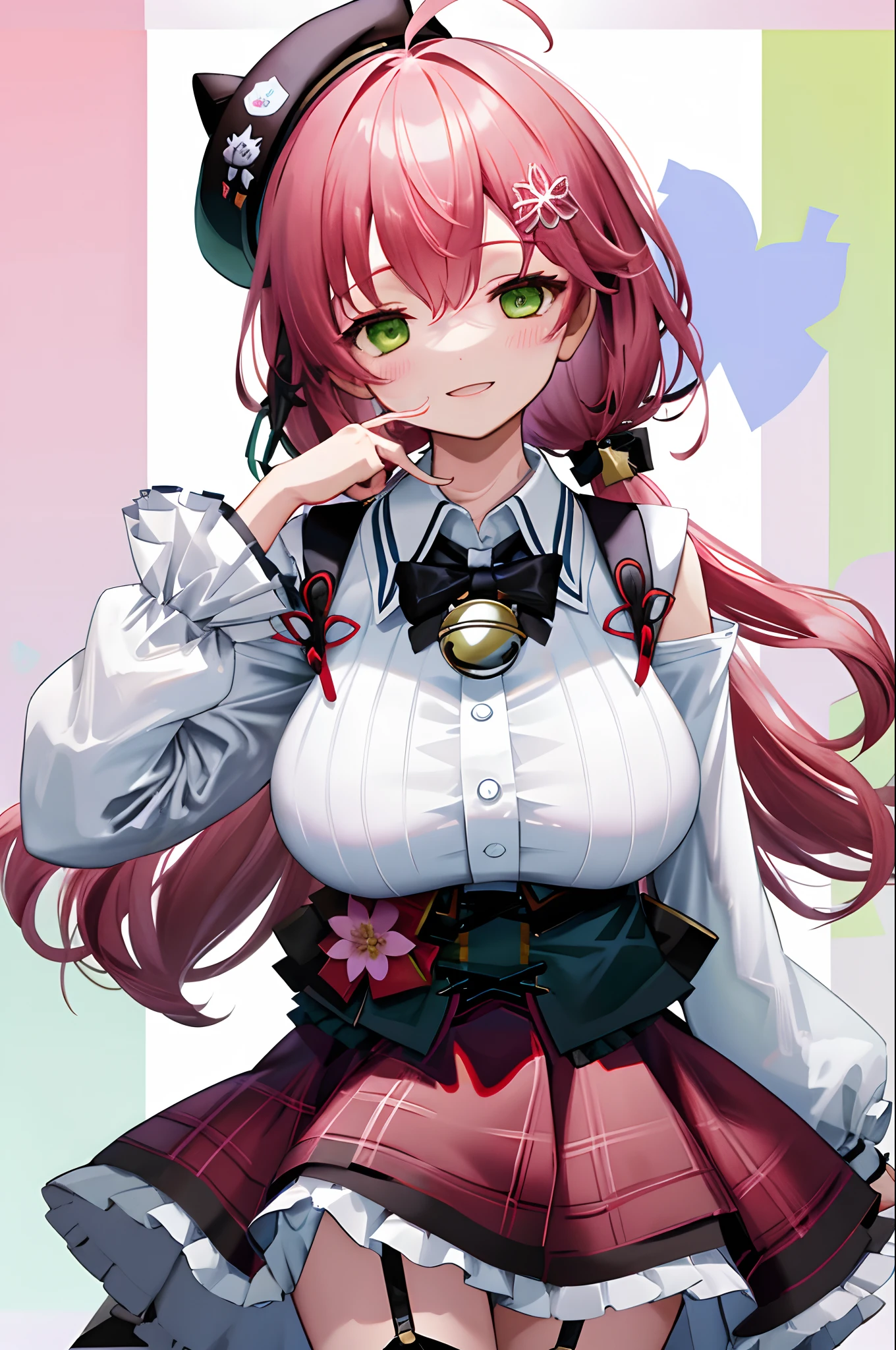 masutepiece, Best_Quality, hight_resolution, miko2,Ponytail, 1girl, Green eyes, Ahoge, black headwear, Hair Ornament, White shirt, black thighhighs, Pink hair, Red_skirt, very_short_skirt, plaid skirts, garter_strap, Collared shirt, hair clips, frilld, Bangs, hair between eye, frills skirt, beret, Pleated skirt, Hair Flower, Neck bell, , puffy long sleeves, Black bow, Underbust, Cowboy Shot,Smile, (gigantic_breasts:1.3),covered_nipples, covered_pussy,(closed_eyes:1.3), happy, childlike_posing,spread_legs,sleepy,(childlike_smile:1.2),plump,open_mouth,