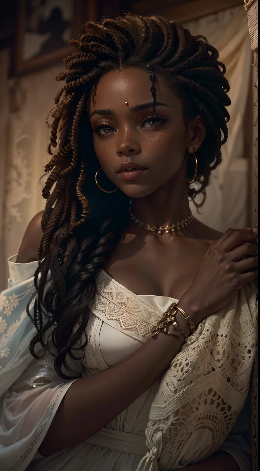 An exquisite portrait of a Black African woman with deep ebony skin, the photograph captured in stunning 8k resolution and raw format to preserve the highest quality of details. The woman's beauty is undeniable, her face commanding the frame in a close-up shot that reveals the intricate details of her eyes. She wears a dress that complements her radiant skin, and her eyes are portrayed with meticulous attention to detail, showcasing the captivating depth within. The photograph is taken with a lens that emphasizes the defiance in her gaze, and the backdrop is a dark studio setting that enhances the muted colors of the scene. The lighting and shadows are expertly crafted to bring out the richness of her skin tone and the subtle nuances of her features. Her ginger hair, with its distinct hue, adds a touch of warmth and contrast against her ebony skin. The interior setting adds a sense of intimacy, while the freckles on her skin tell their own story. The overall composition captures her essence with authenticity and grace, creating a portrait that is a celebration of her heritage and beauty. Photography by defiance512, utilizing the best techniques for shadow and lighting, to create a mesmerizing portrayal that transcends the visual.