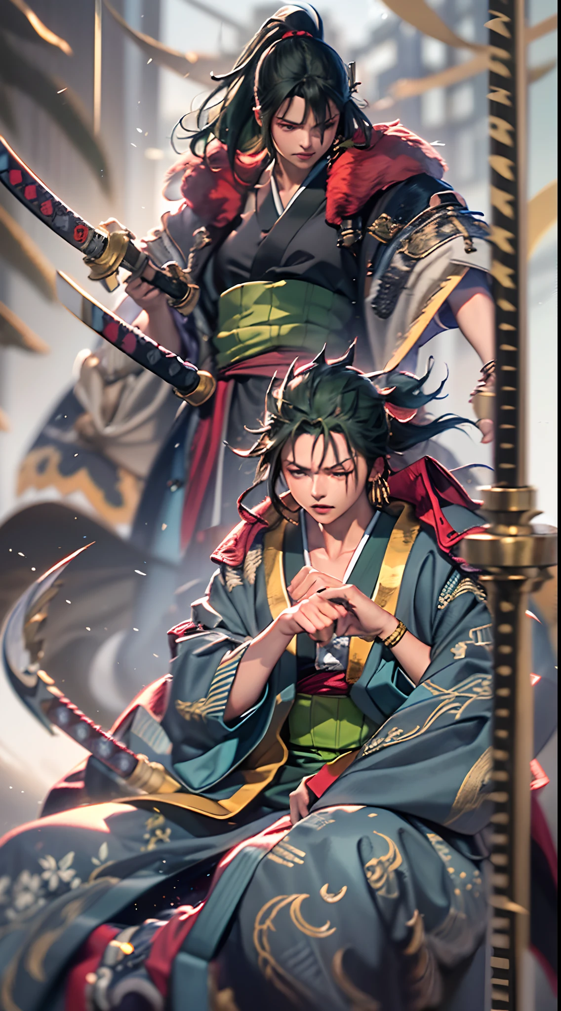 Personaje de anime con cabello verde con cicatriz en el ojo izquierdo, con 3 espadas legendarias(3 espadas)(desenfundar),kimono,japones,espadas legendarias japonesas,3 pendientes de oro,( Roronoa Zoro), de una sola pieza, Ilustraciones HD, Chico guapo en el arte de Demon Slayer, Badass Anime 8K, Arte de Kentaro Miura, Okab Rintarou, Pixiv, advanced digital anime art ”, Fanart de alta calidad, Fan Art, por Shitao, Kakyoin