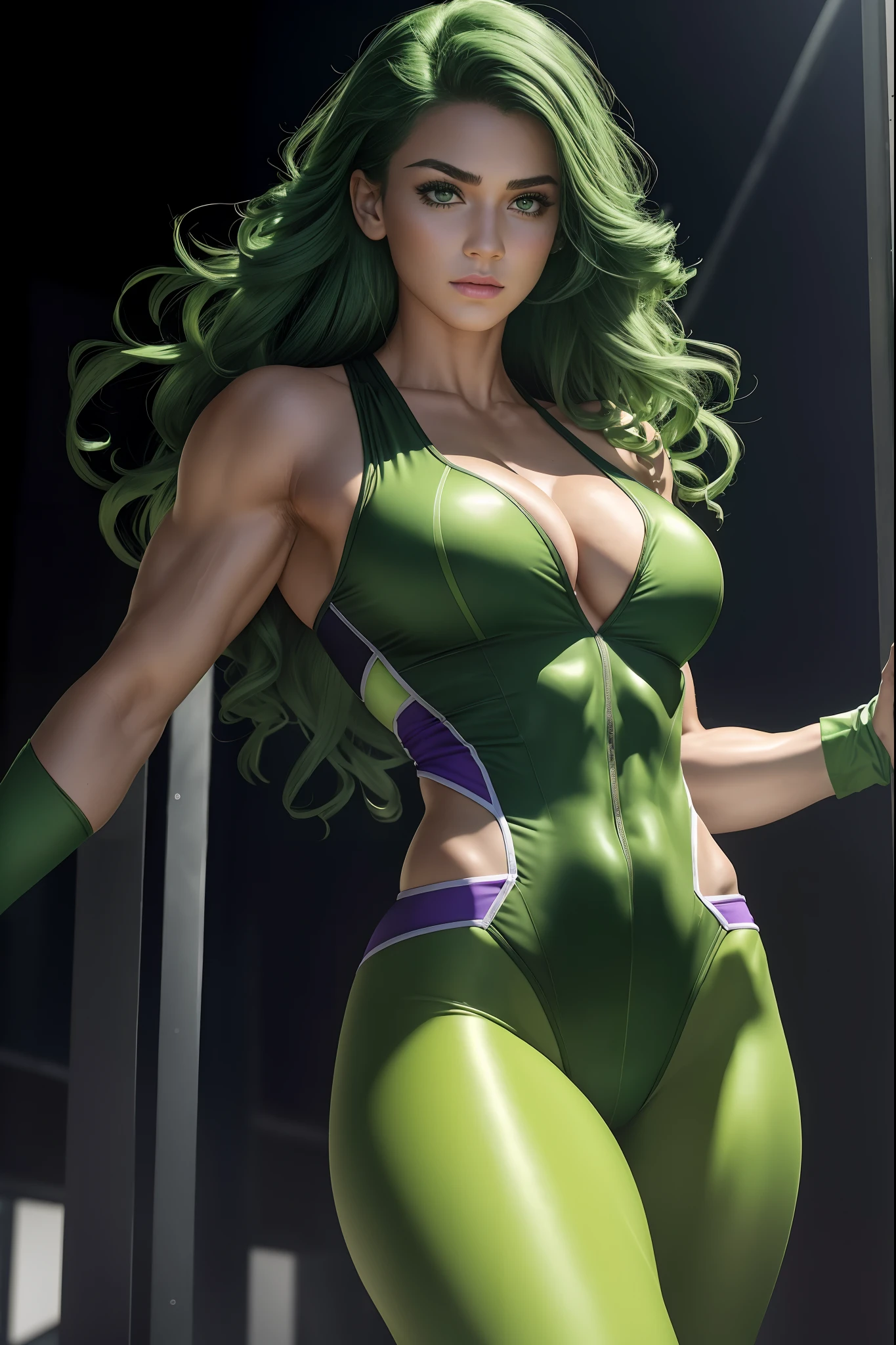 1girl, Full body, female version of the Hulk, She-Hulk in a white and purple workout suit, GREEN SKIN, muscles, very tall, green hair, green eyes, green colored skin, show cleavage, dynamic pose, (masterpiece, best quality, detailed skin texture, beautiful detailed face, intricate details, ultra detailed), dynamic pose, (Best quality, A high resolution, Photorealistic, 8K,Masterpiece, ),Best quality, Masterpiece HDR