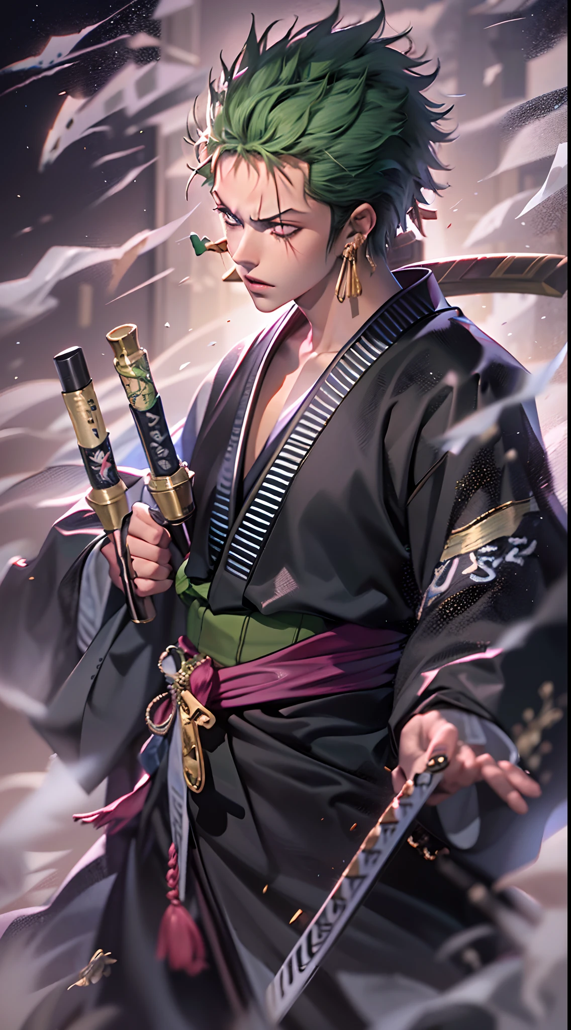 Personaje de anime con cabello verde con cicatriz en el ojo izquierdo, con 3 espadas legendarias(3 espadas)(desenfundar),kimono,japones,espadas legendarias japonesas,3 pendientes de oro,( Roronoa Zoro), de una sola pieza, Ilustraciones HD, Chico guapo en el arte de Demon Slayer, Badass Anime 8K, Arte de Kentaro Miura, Okab Rintarou, Pixiv, advanced digital anime art ”, Fanart de alta calidad, Fan Art, por Shitao, Kakyoin