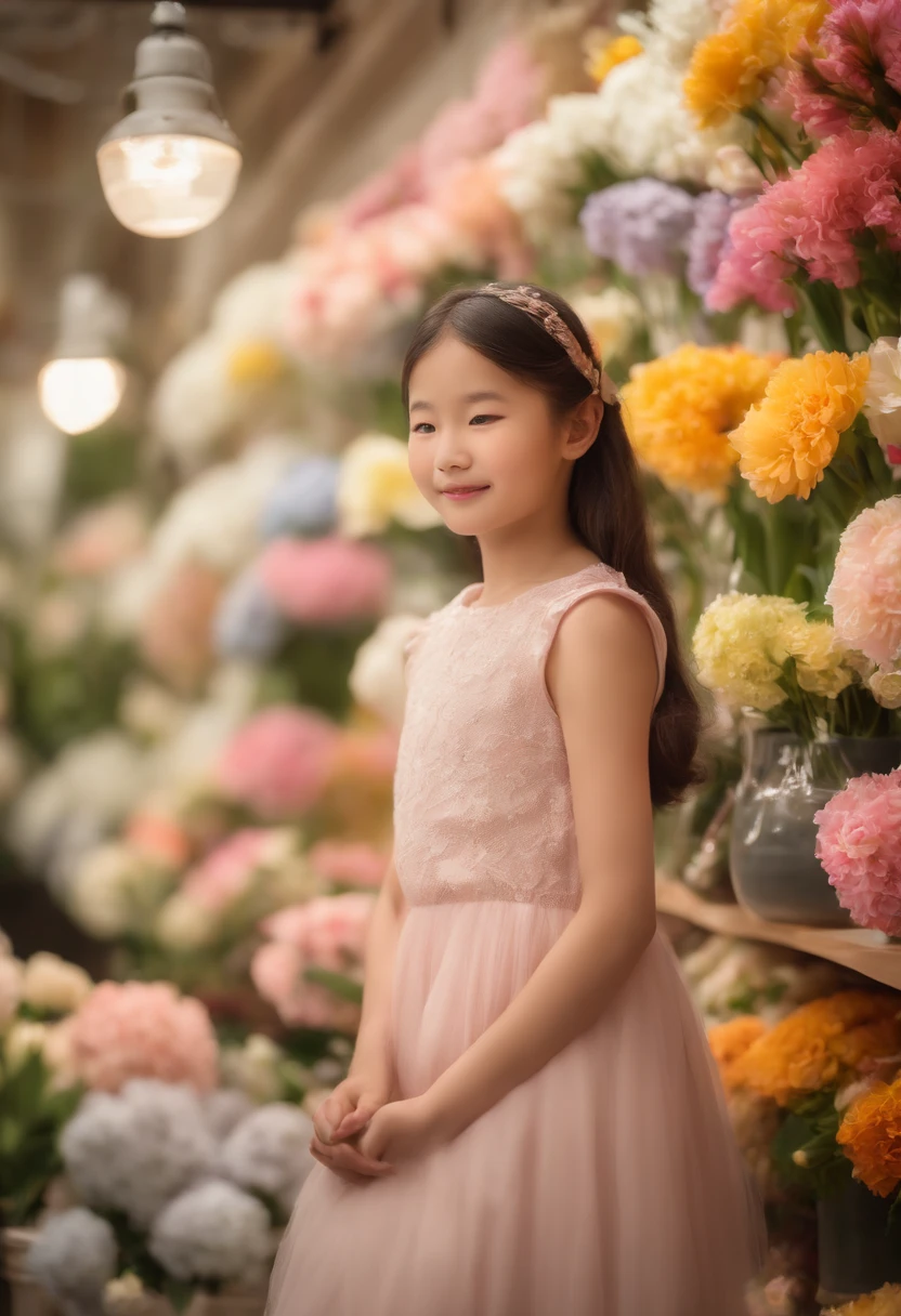 In the flower shop, a Japanese girl in a dress, the film is still there, floating in the sky, brightly, cheerfulness, intriguing, gentle soft lighting, highres, realistic, portraits, vivid colors, pastel tones, delicate petals, vibrant blooms, fresh aroma, floral arrangements, glass vases, cascading plants, natural sunlight, tranquil atmosphere, shelves filled with flowers, intricate details, soft breeze, joyful expressions, peaceful background, floral patterns, floral-inspired accessories, cherry blossoms, rose petals, tulips, daisies, lilies, hydrangeas, irises, sunflowers, vibrant colors in harmony, subtle shadows, magical ambience.