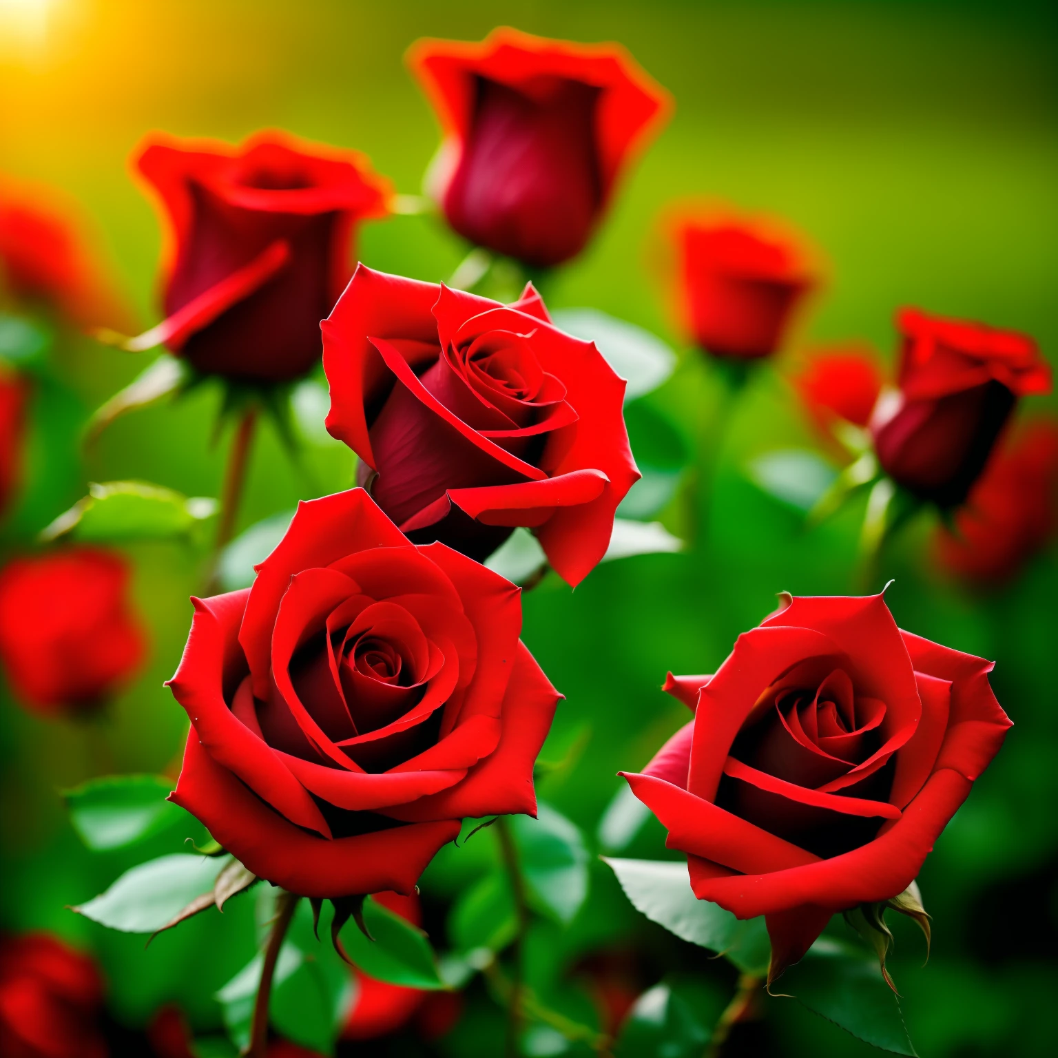 Beautiful red rose plant, Focus on roses,Blur the green background,sunsettime, Realistic, Ultra HD