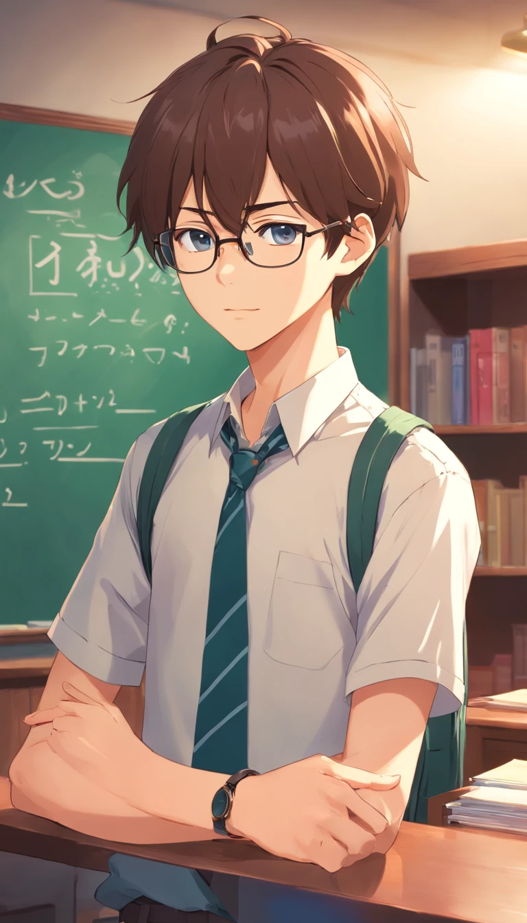 , student council president, wearing glasses, slender, 170cm height, elegant hairstyle, cynical, wearing a watch, anime, unrestrained temperament, cynical, programmer, in school uniform