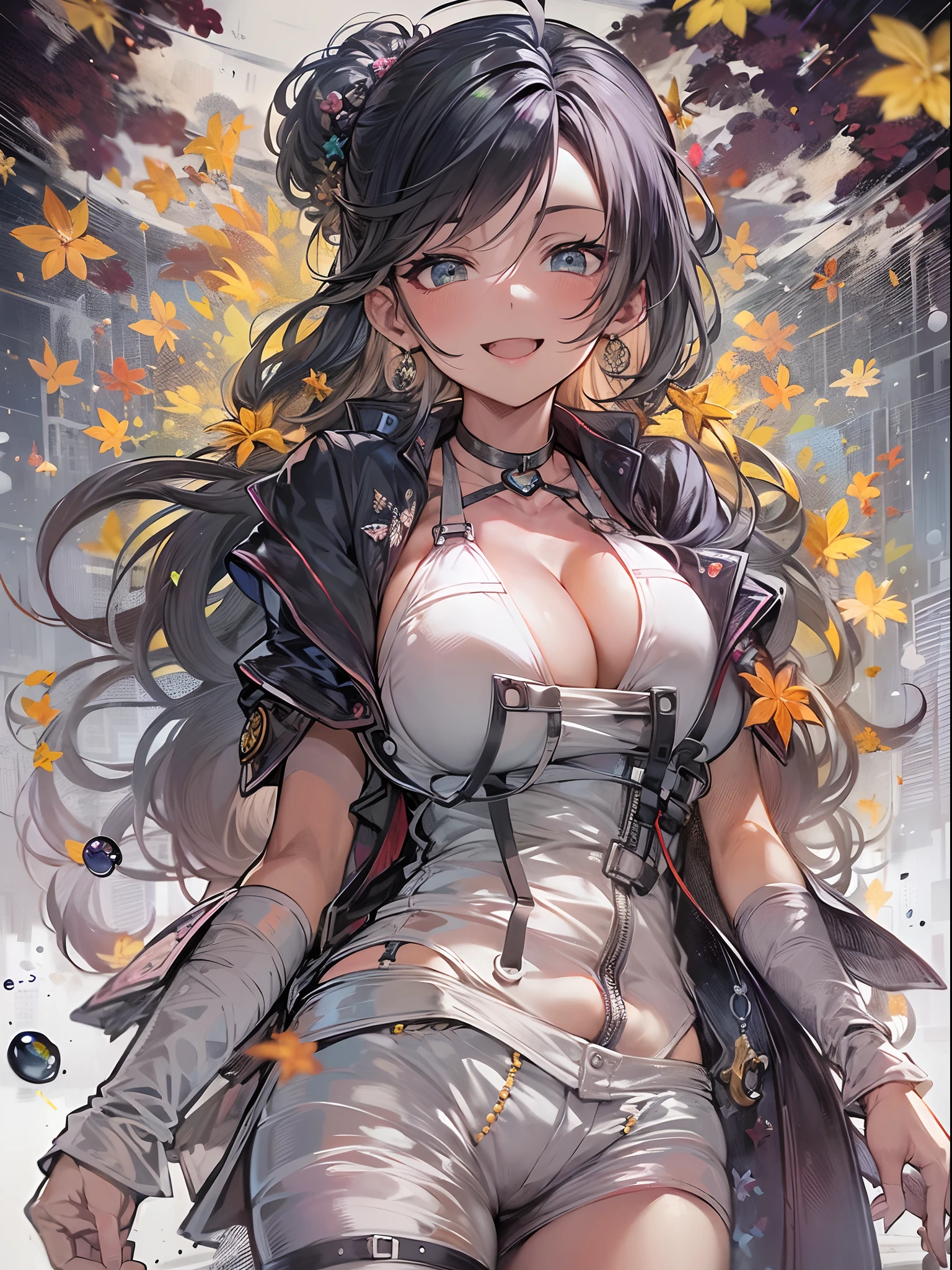 (masutepiece), (Best Quality), (ultra-detailliert),(disheveled hair),(Illustration), (1 lady), Standing, Fashion Model, Looking at Viewer, (interview), (Detailed background),Beautiful detailed eyes, Delicate beautiful face, floating,(High color saturation),(Colorful splashes),colorful bubble,(Shining), Focus on Face, Floating flowers, Floating hairs, (Shining), The best lighting, Best Shadow, 1 Evil Only,(huge chest:1.5),black hair,braid ponytail,ahoge,kindly smile,