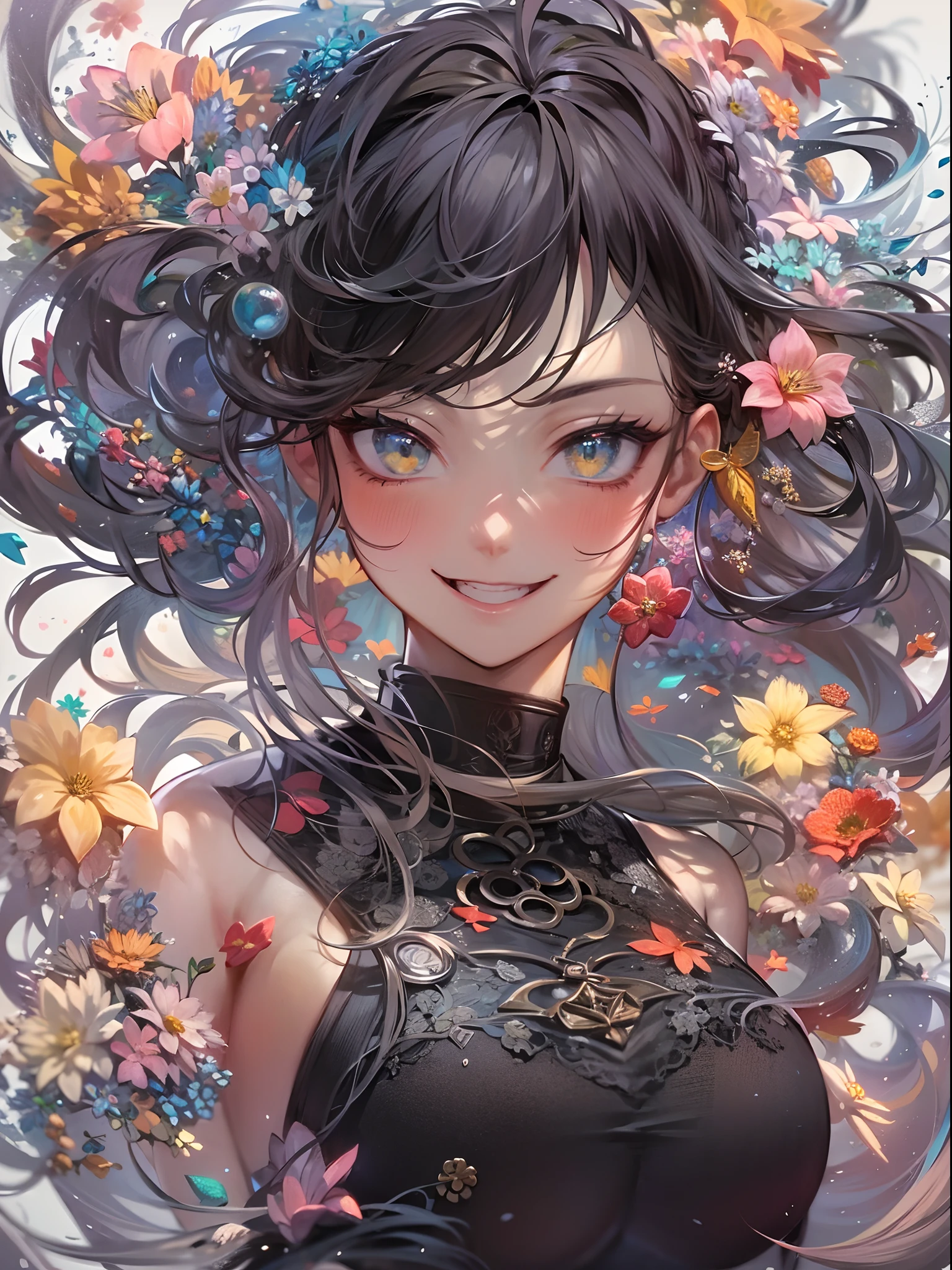 (masutepiece), (Best Quality), (ultra-detailliert),(disheveled hair),(Illustration), (1 lady), Standing, Fashion Model, Looking at Viewer, (interview), (Detailed background),Beautiful detailed eyes, Delicate beautiful face, floating,(High color saturation),(Colorful splashes),colorful bubble,(Shining), Focus on Face, Floating flowers, Floating hairs, (Shining), The best lighting, Best Shadow, 1 Evil Only,(huge chest:1.5),black hair,braid ponytail,ahoge,kindly smile,