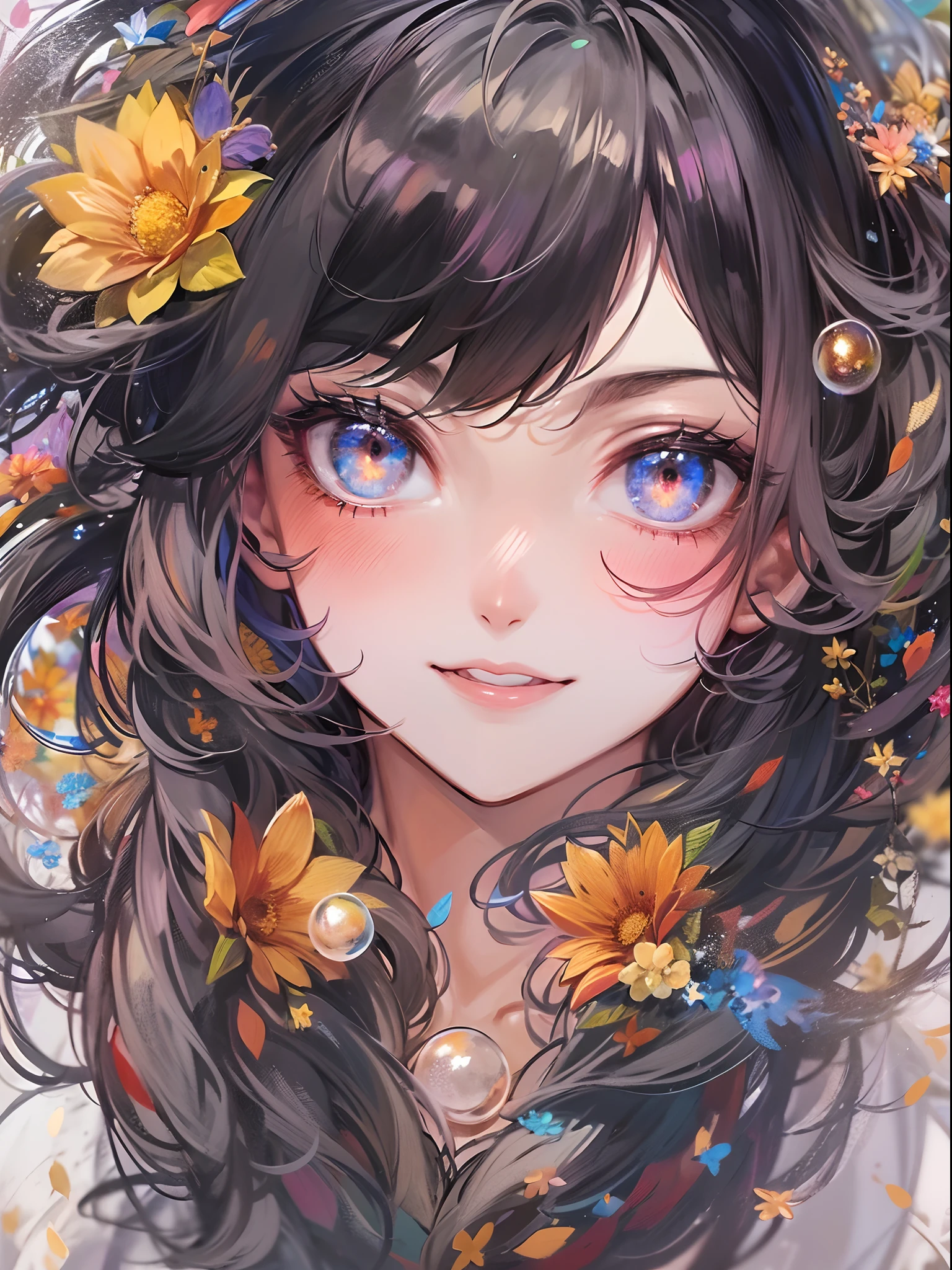 (masutepiece), (Best Quality), (ultra-detailliert),(disheveled hair),(Illustration), (1 lady), Standing, Fashion Model, Looking at Viewer, (interview), (Detailed background),Beautiful detailed eyes, Delicate beautiful face, floating,(High color saturation),(Colorful splashes),colorful bubble,(Shining), Focus on Face, Floating flowers, Floating hairs, (Shining), The best lighting, Best Shadow, 1 Evil Only,(huge chest:1.5),black hair,braid ponytail,ahoge,kindly smile,
