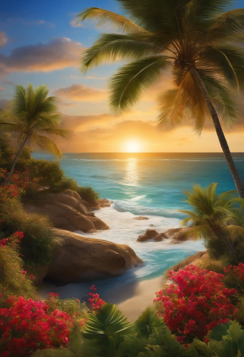 Paysage soleil palmier mer