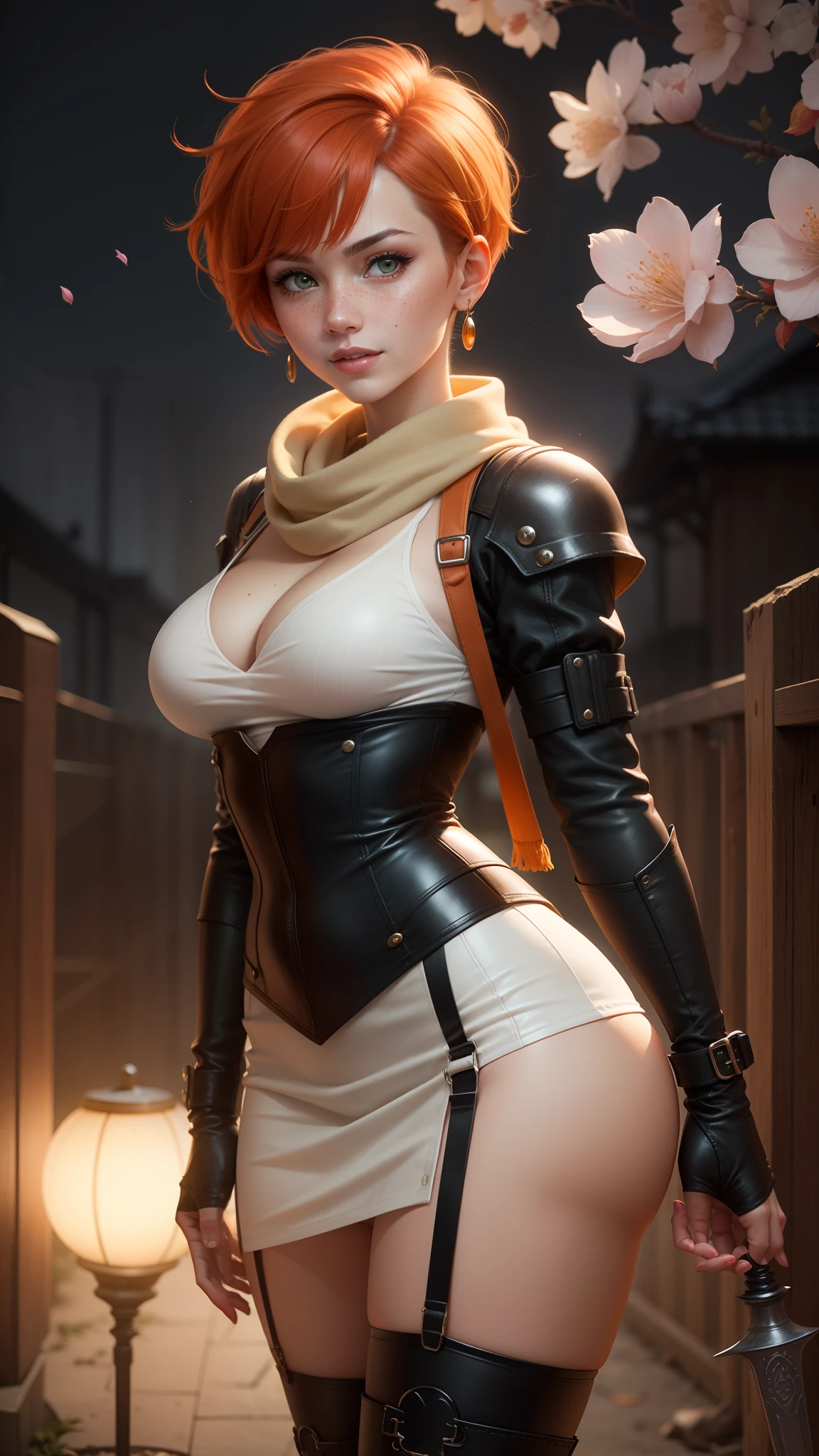 gwen tennyson,tracer,yorha 2b,rebecca chambers,ninja outfit,japan,steel armor,teenager,green eyes,garter belt, thigh high boots,short hair,orange hair,moonlight,cherry blossom,shy smile,white striped top, bodycon skirt,freckles,redhead,ninja corset, beautiful girl,large breasts,ultra detailed,realistic,long pilot scarf,silver earrings,holding two daggers,