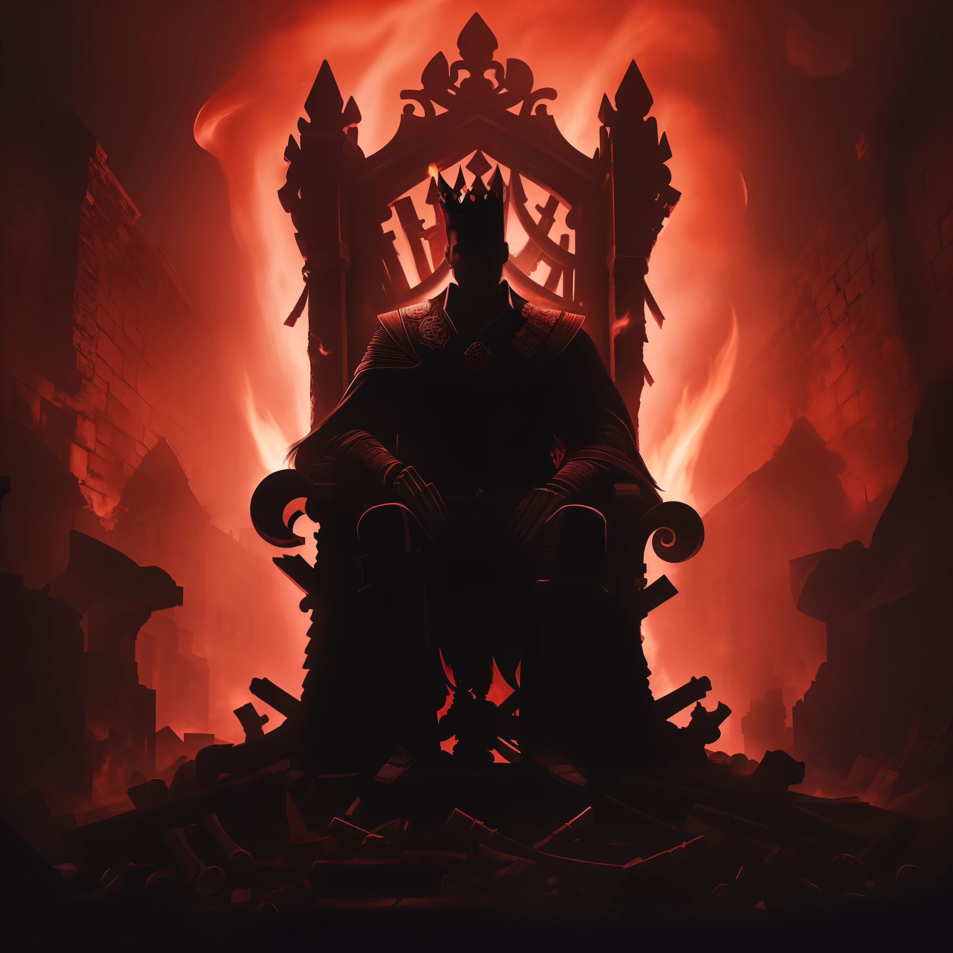 Imagine: Silhouette of a handsome, chamoso man sitting on a huge throne made specifically of bones. In the background a dark red brick wall with several bones in it, a dark and dangerous mist is all around with sparks of fire on the ground. Underworld, fire, bones and king of the dead.