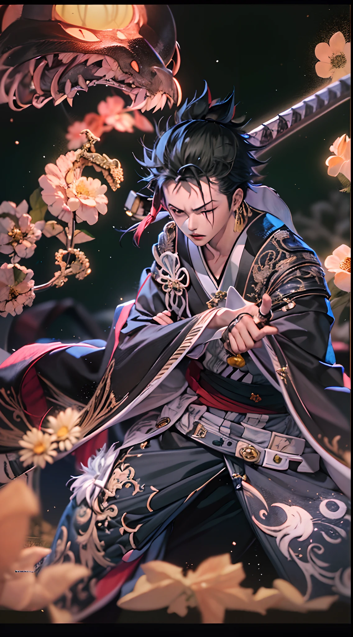 Personaje de anime con cabello verde con cicatriz en el ojo izquierdo, con 3 espadas legendarias(3 espadas)(desenfundar),kimono,japones,espadas legendarias japonesas,3 pendientes de oro,( Roronoa Zoro), de una sola pieza, Ilustraciones HD, Chico guapo en el arte de Demon Slayer, Badass Anime 8K, Arte de Kentaro Miura, Okab Rintarou, Pixiv, advanced digital anime art ”, Fanart de alta calidad, Fan Art, por Shitao, Kakyoin