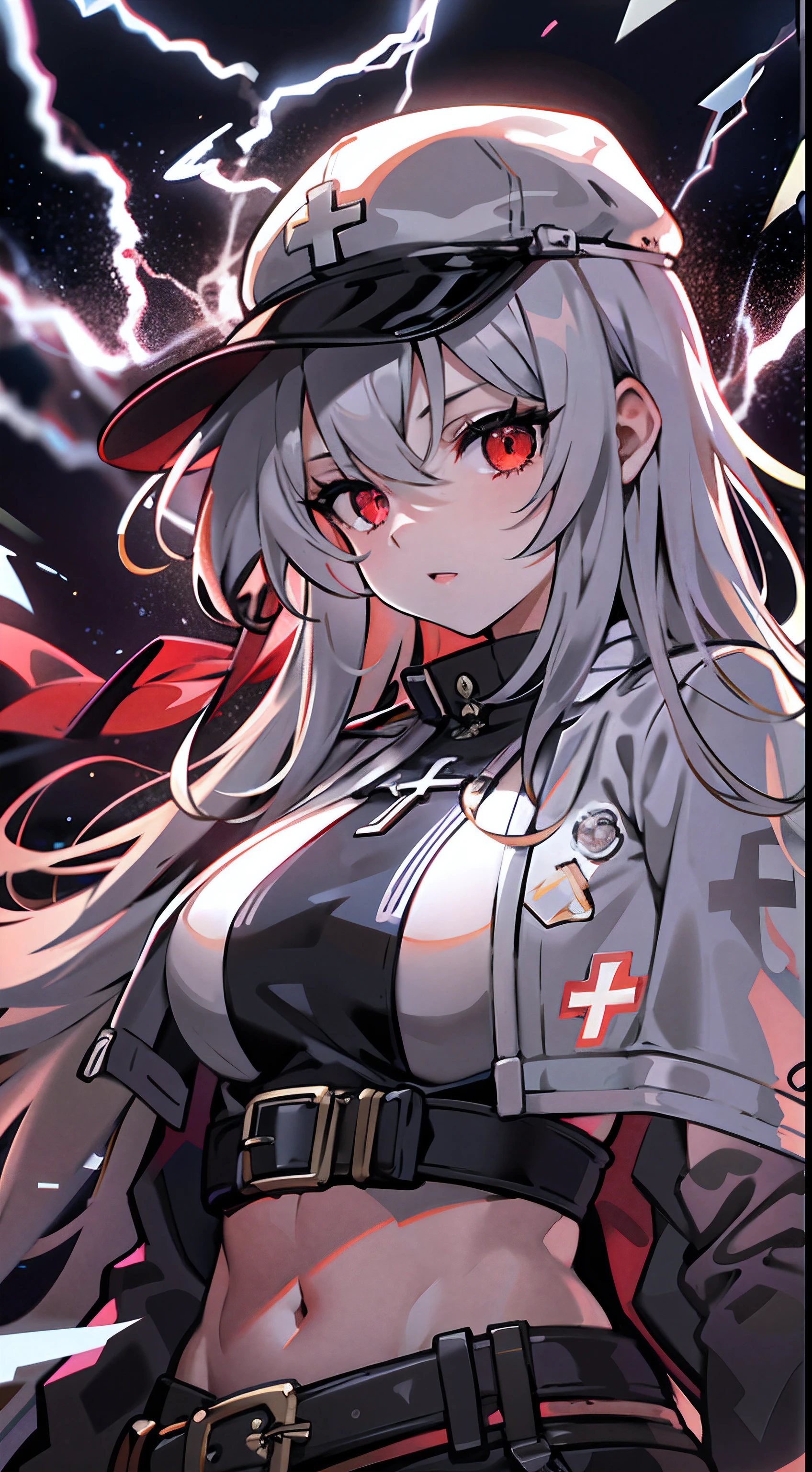 upper body, 1woman, black hair, Long Haired, red eyes, ((Saint)), black jacket, big breats, wallpaper, Lightning background, light particles, ((masterpiece)), ((best quality)), ((Top Quality)), pale white skin, solo, black cap, midriff, Lightning Style, handgun
