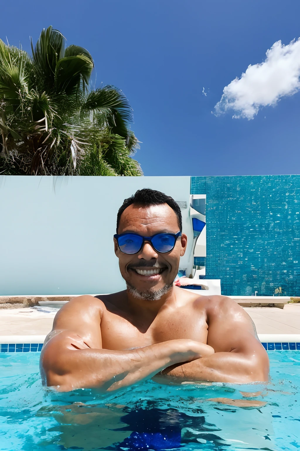 guttonerdvision10, "A man wearing glasses inside a swimming pool. He's leaning against the edge with his arms, smiling at camera. The water is crystal clear, and there are plenty of chairs by the pool with people lounging. The scorching sun is in front of the man to avoid creating a silhouette.