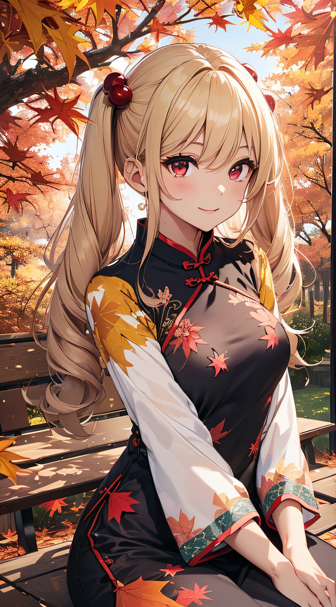 top-quality、Top image quality、​masterpiece、girl with((18year old、Blue cheongsam、Best Bust、Bust 90、Blonde twintails、Red Eyes、open chest wide、Valley、Happiness、A slender、ssmile,Cherry Blossom Hair Ornament、sit on a bench、morpheus)）hiquality、Beautiful Art、Background with((Park of autumn leaves))、masutepiece、Elaborate design、visualart、