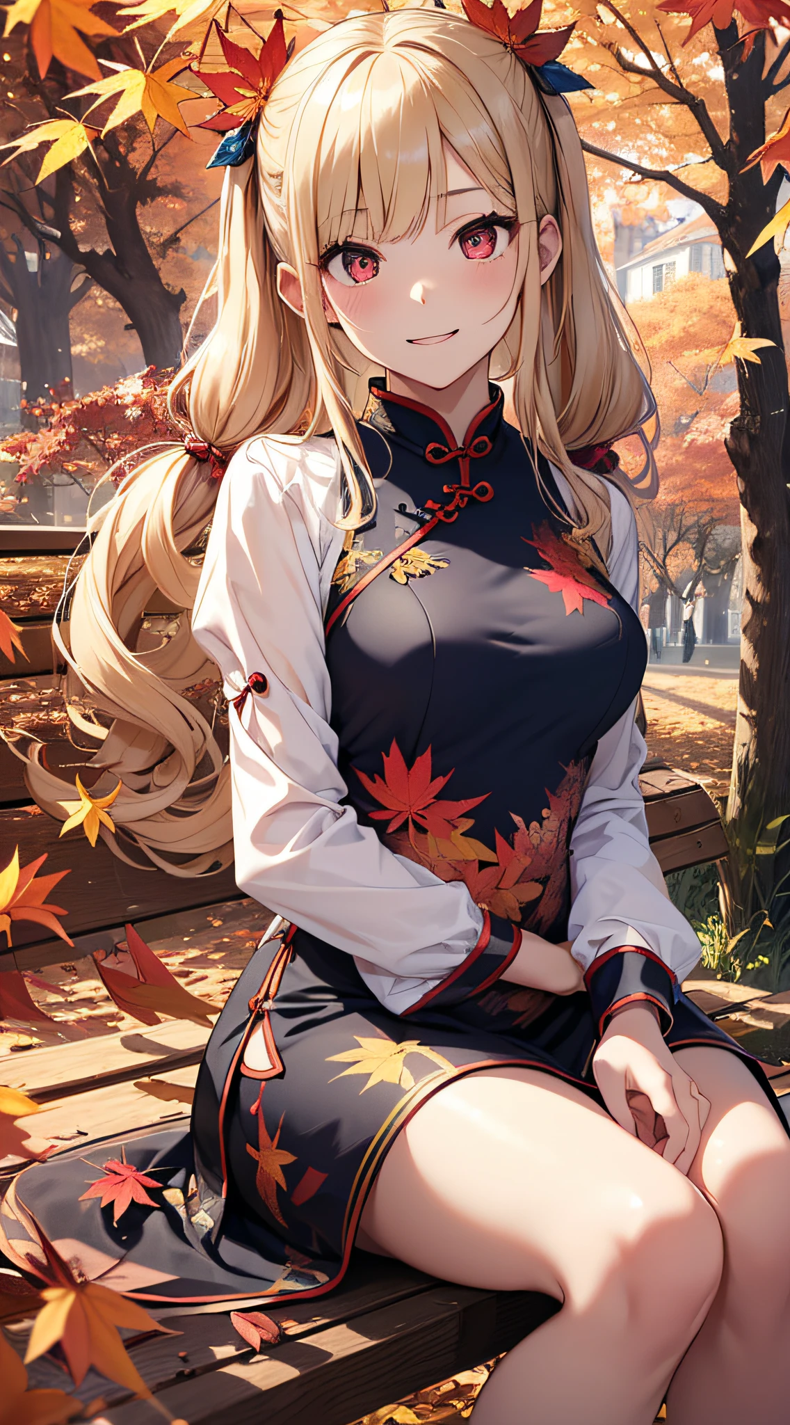 top-quality、Top image quality、​masterpiece、girl with((18year old、Blue cheongsam、Best Bust、Bust 90、Blonde twintails、Red Eyes、open chest wide、Valley、Happiness、A slender、ssmile,Cherry Blossom Hair Ornament、sit on a bench、morpheus)）hiquality、Beautiful Art、Background with((Park of autumn leaves))、masutepiece、Elaborate design、visualart、