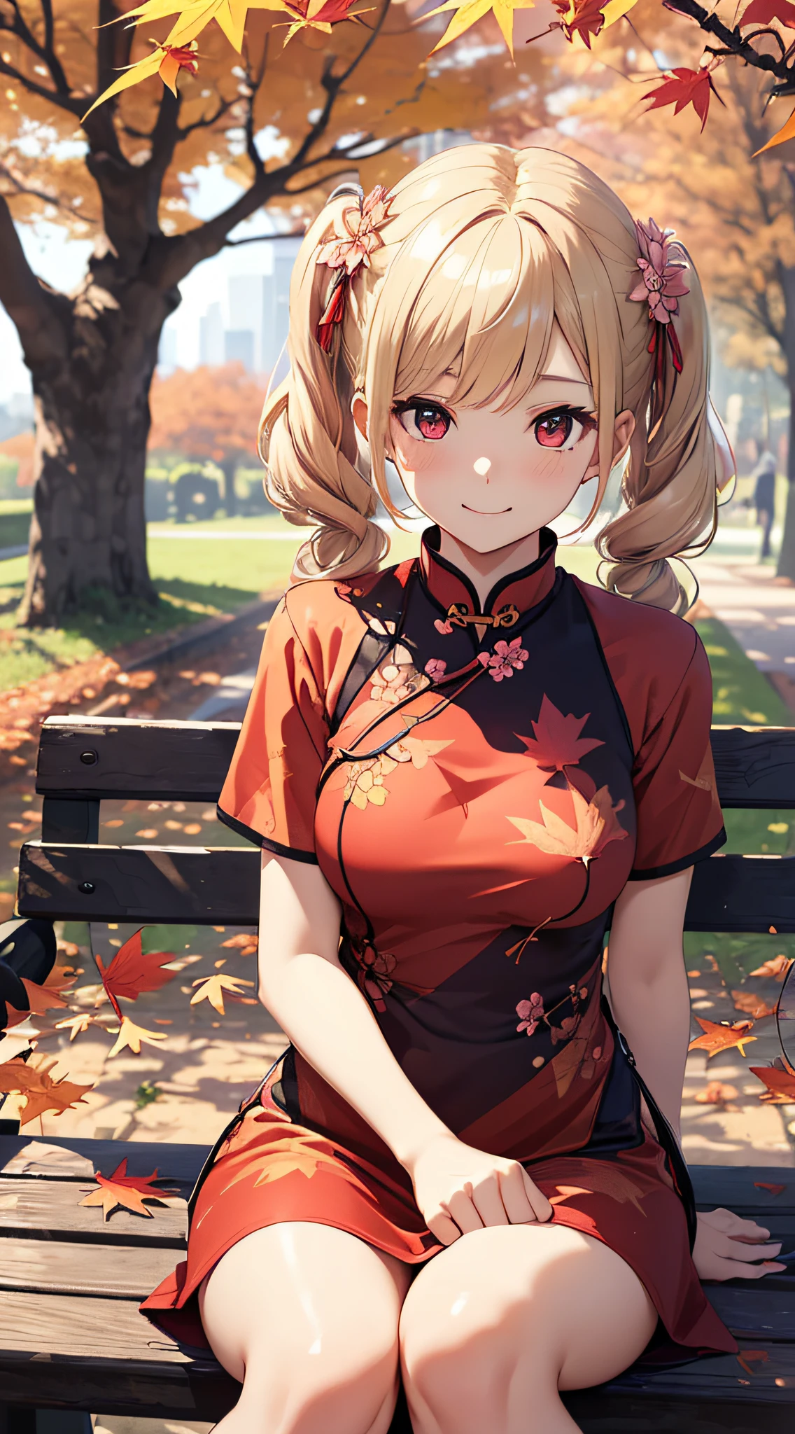 top-quality、Top image quality、​masterpiece、girl with((18year old、Blue cheongsam、Best Bust、Bust 90、Blonde twintails、Red Eyes、open chest wide、Valley、Happiness、A slender、ssmile,Cherry Blossom Hair Ornament、sit on a bench、morpheus)）hiquality、Beautiful Art、Background with((Park of autumn leaves))、masutepiece、Elaborate design、visualart、