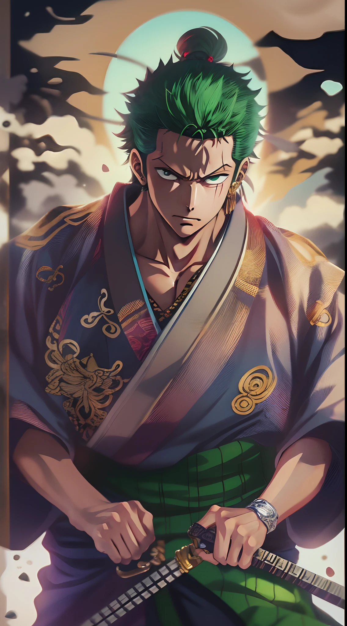 Personaje de anime con cabello verde con cicatriz en el ojo izquierdo, con 3 espadas legendarias(3 espadas)(desenfundar),kimono,japones,espadas legendarias japonesas,3 pendientes de oro,( Roronoa Zoro), de una sola pieza, Ilustraciones HD, Chico guapo en el arte de Demon Slayer, Badass Anime 8K, Arte de Kentaro Miura, Okab Rintarou, Pixiv, advanced digital anime art ”, Fanart de alta calidad, Fan Art, por Shitao, Kakyoin