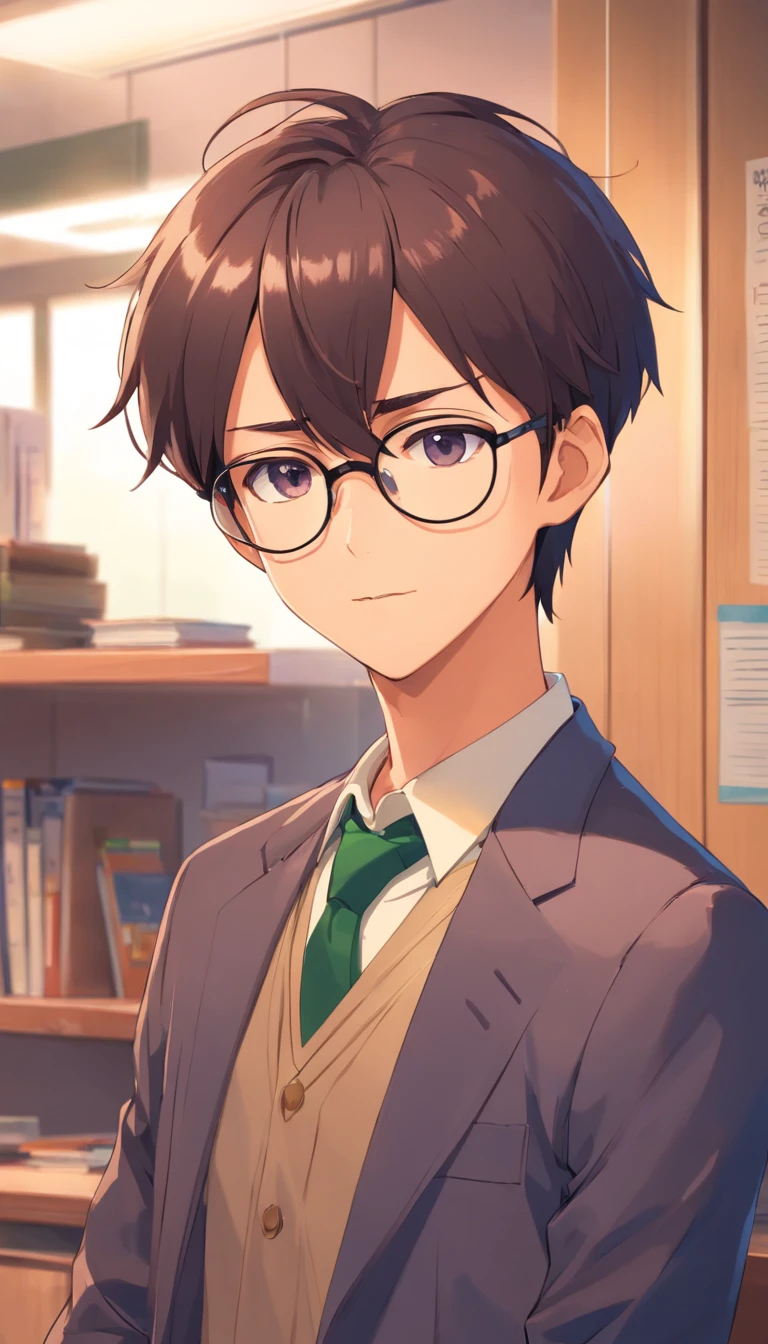 student council president, boy, square glasses, slender, mature, elegant hairstyle, cynical, wearing a watch, anime, unrestrained temperament, cynical, programmer, in school uniform
