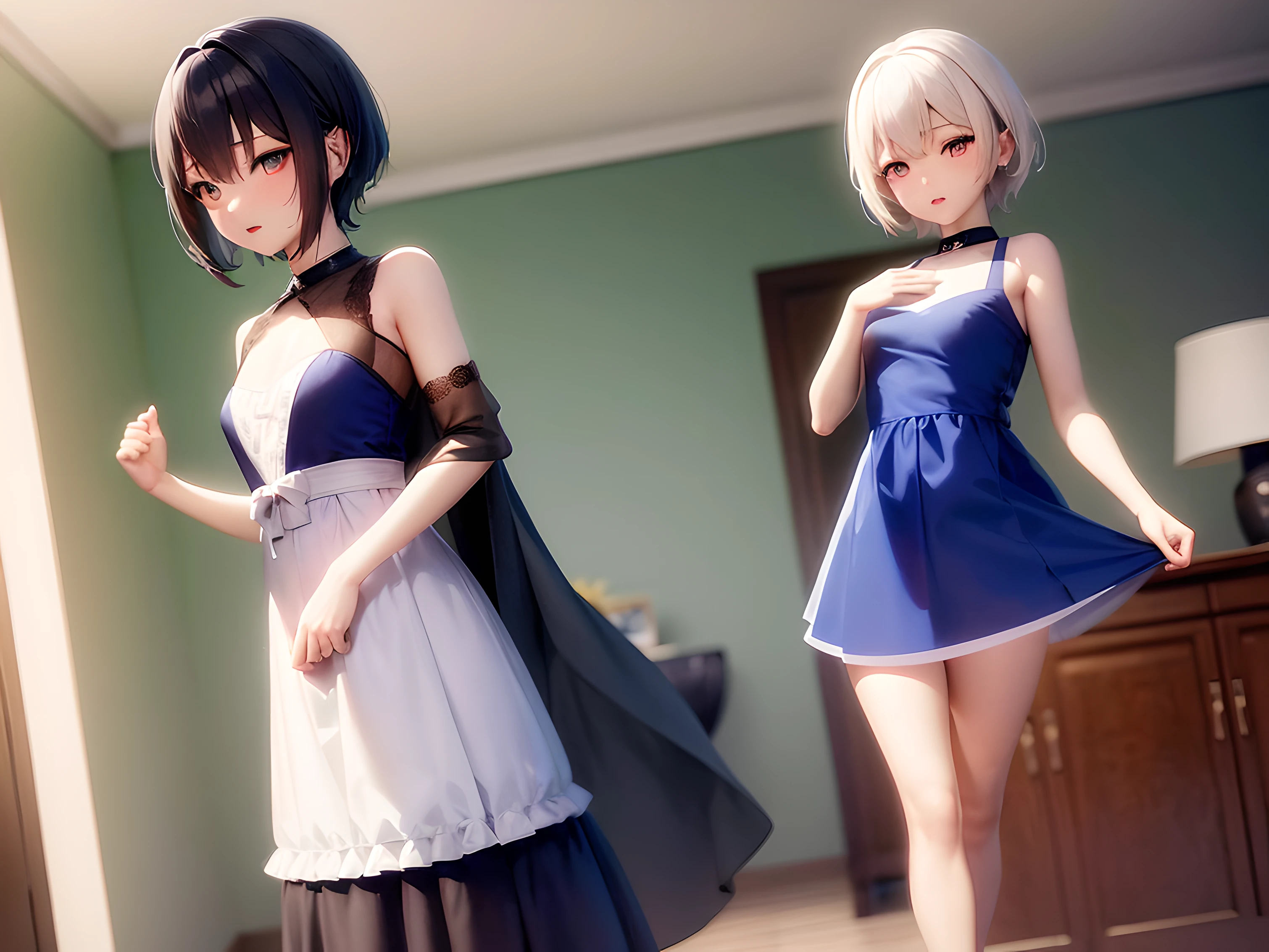 Shy, a white-haired royal sister, beautiful face, super small cheongsam, lifted skirt, revealing thongs, full body in the picture, correct limbs