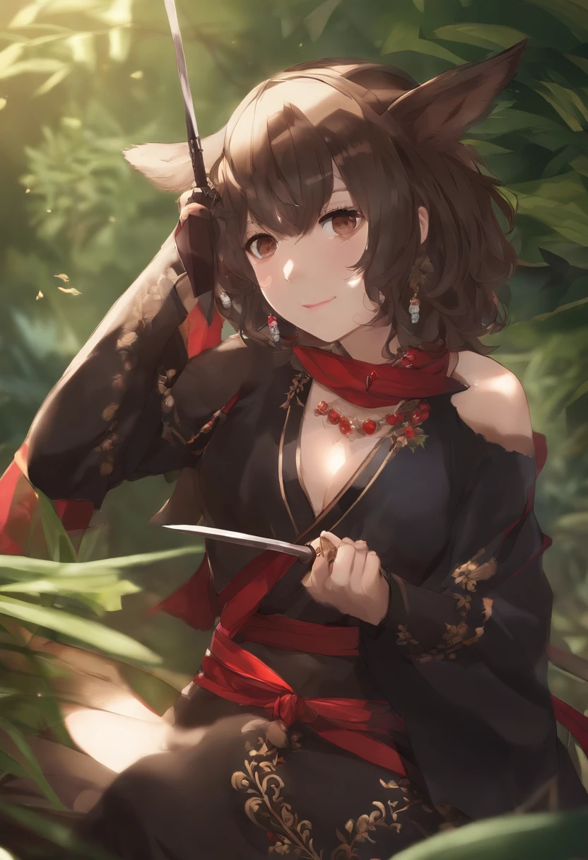 (required: 1.0), (best quality: 1.12), (message: 1.0), One Girl, Japanese, solo, flat, multicolor, animal ear fluff, brownish-black fluff, fringed hair, slanted eyes, black riding crop, scarf, solo, swordsman, sword, plant, ( (Random: 1.4) gradient background, ( Random: 1.4) Smooth lighting ( Droplets ), (Artwork: 0.8) Portrait, (Total Length: 0.85)