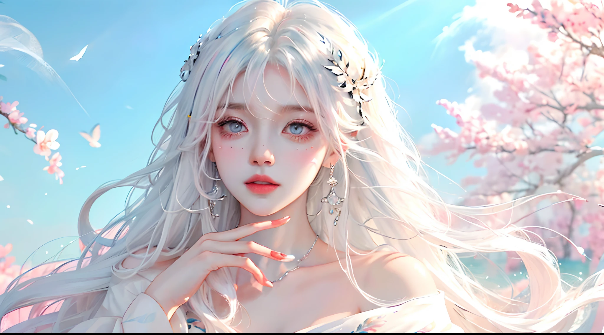 （tmasterpiece、best qualtiy、A high resolution），white backgrounid，Acrylic paints，（（splash of color，Splash ink、Color splattering）），Sweet Chinese girl，light blue long hair，[light blues|Pink big breasts]the hair，curlies，glitters，Pink lips，White color blouse，frontage，Upper body masterpiece，Need，ultra - detailed，illustration，sportrait，1girll，Colorful eyes，long whitr hair，curlies，By bangs，Look sideways at the camera，with a pure white background，gradient backgrounds，Harnes，cropped shoulders，Modern dress ，swordsman，White hair，White-haired god，