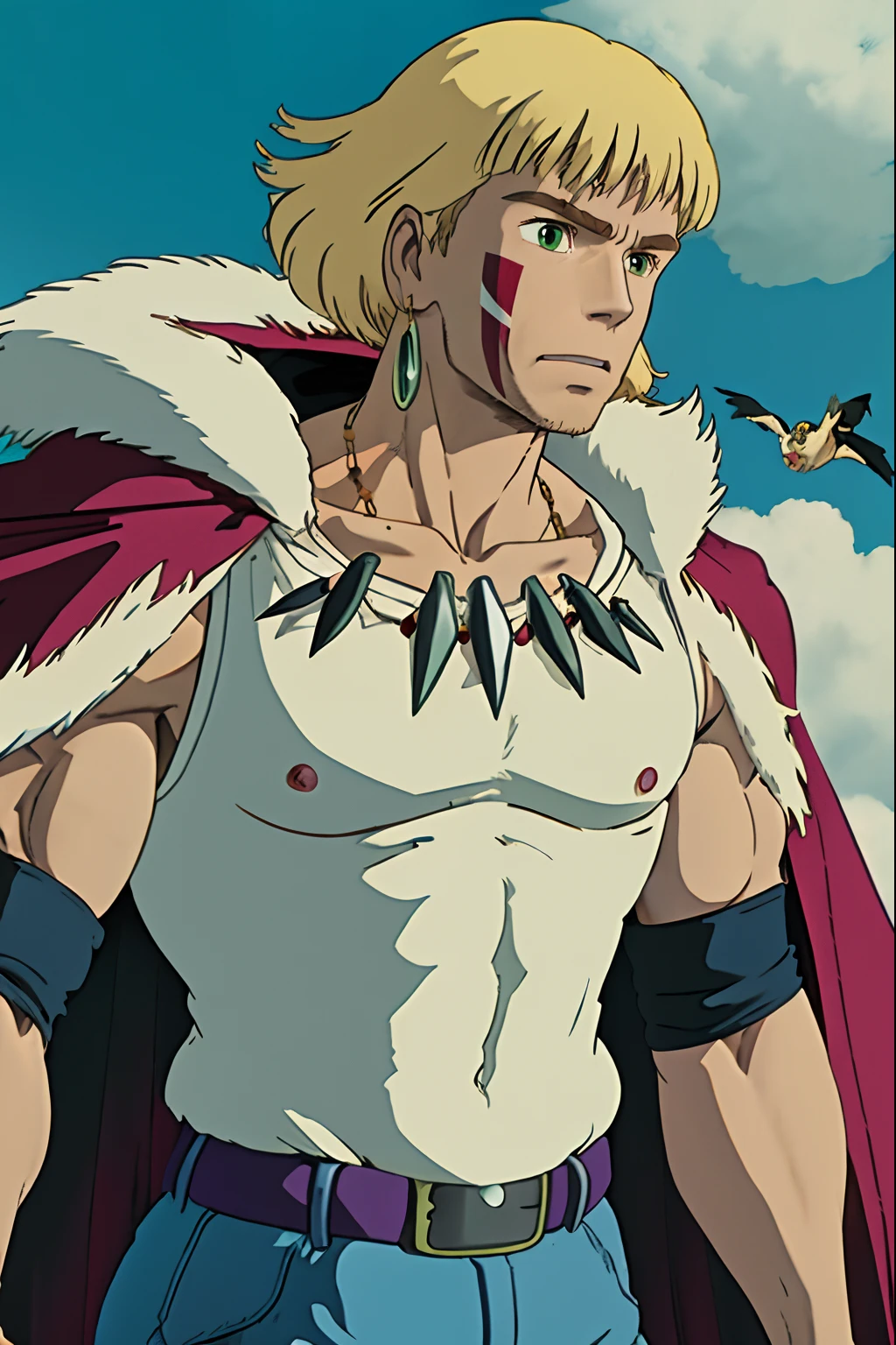 Ghibli style, Arnold Schwarzenegger \(Arnold Schwarzenegger\) as san \(mononoke hime\):2, 1guy, American, (cheerful:1,5), Muscled, ((adult man)), armlet, bangs, Blond hair, black undershirt, breasts, fur cape, royal cape, facepaint, floating hair, forest, necklace, outdoors, parted bangs, shirt, short hair, sleeveless shirt, tooth necklace, finger pointing to the viewer, looking at viewer, falling in from the sky, green background sky weird small birds in studio ghibli style, muscular physique, confident expression, (strong jawline:1,5), intense gaze, cinematic composition, ((masterpiece))