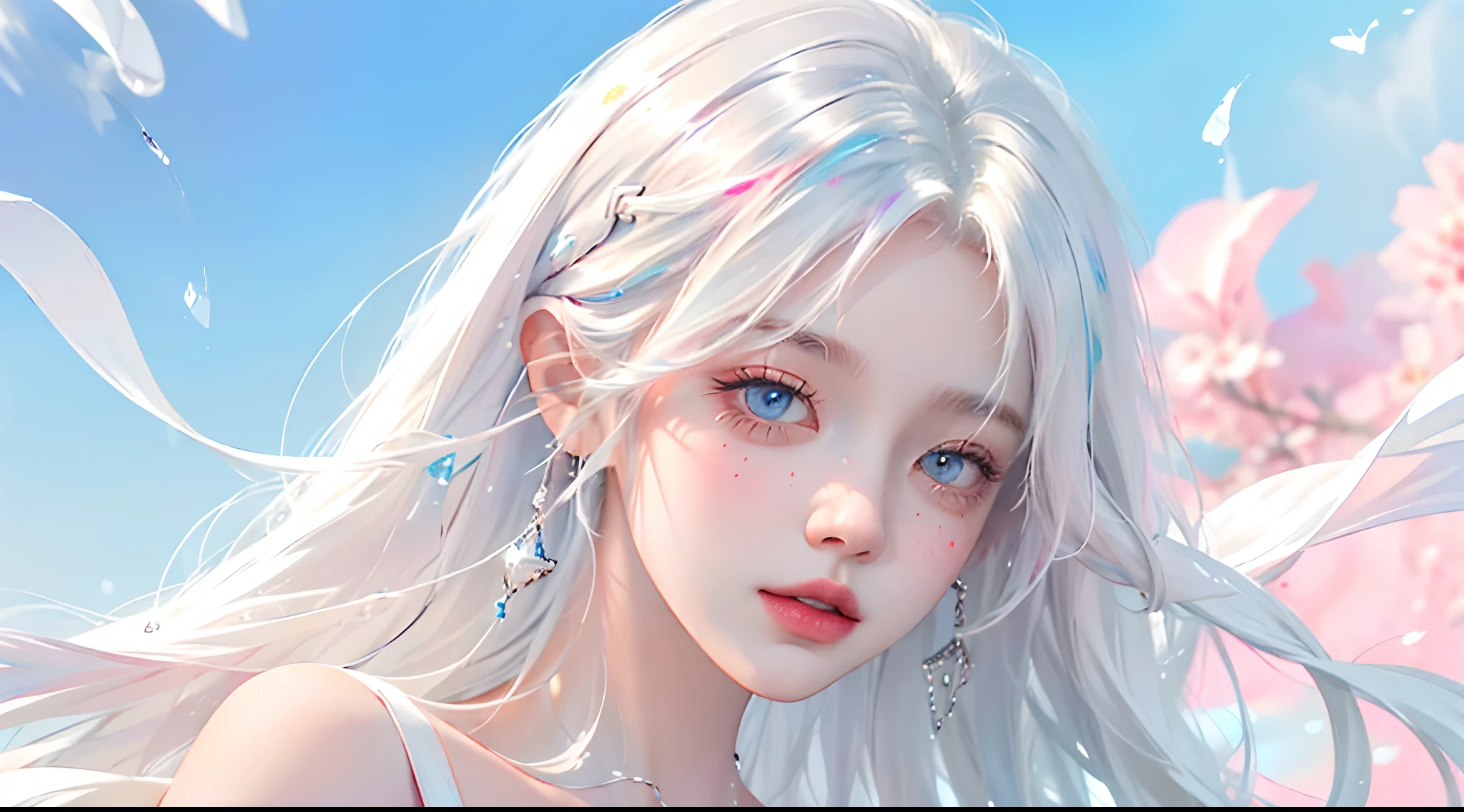 （tmasterpiece、best qualtiy、A high resolution），white backgrounid，Acrylic paints，（（splash of color，Splash ink、Color splattering）），Sweet Chinese girl，light blue long hair，[light blues|Pink big breasts]the hair，curlies，glitters，Pink lips，White color blouse，frontage，Upper body masterpiece，Need，ultra - detailed，illustration，sportrait，1girll，Colorful eyes，long whitr hair，curlies，By bangs，Look sideways at the camera，with a pure white background，gradient backgrounds，Harnes，cropped shoulders，Modern dress ，swordsman，White hair，White-haired god，