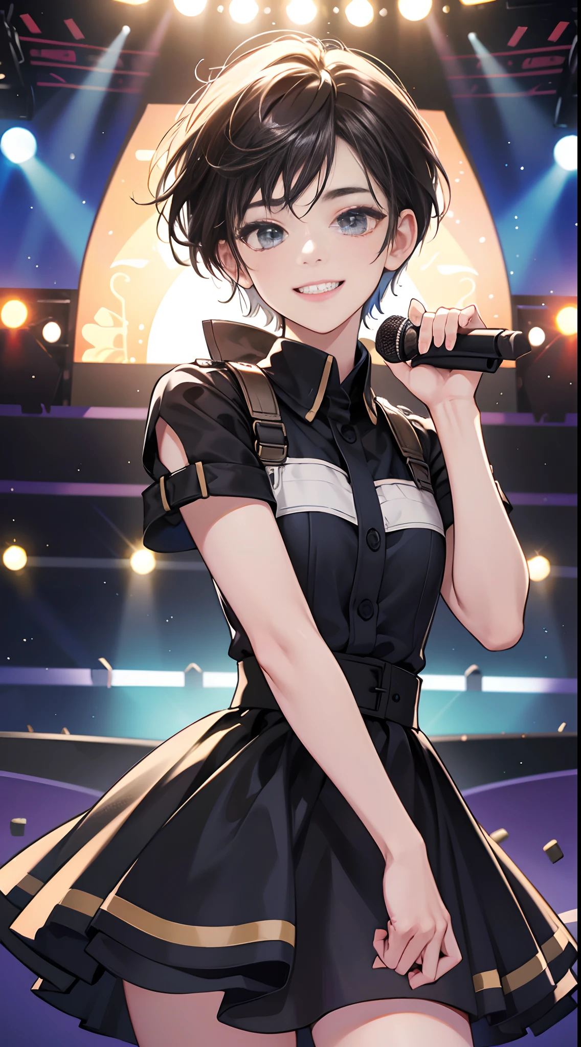 (Best Quality,4K,High resolution), 18yo woman, boyish,short-haired,Unkempt hair ,innocent smiles, Comical appearance,stage,Idol,Let's sing together today,Even if you dream, Dreaming, Laughing, If you have a dream,Lasts forever