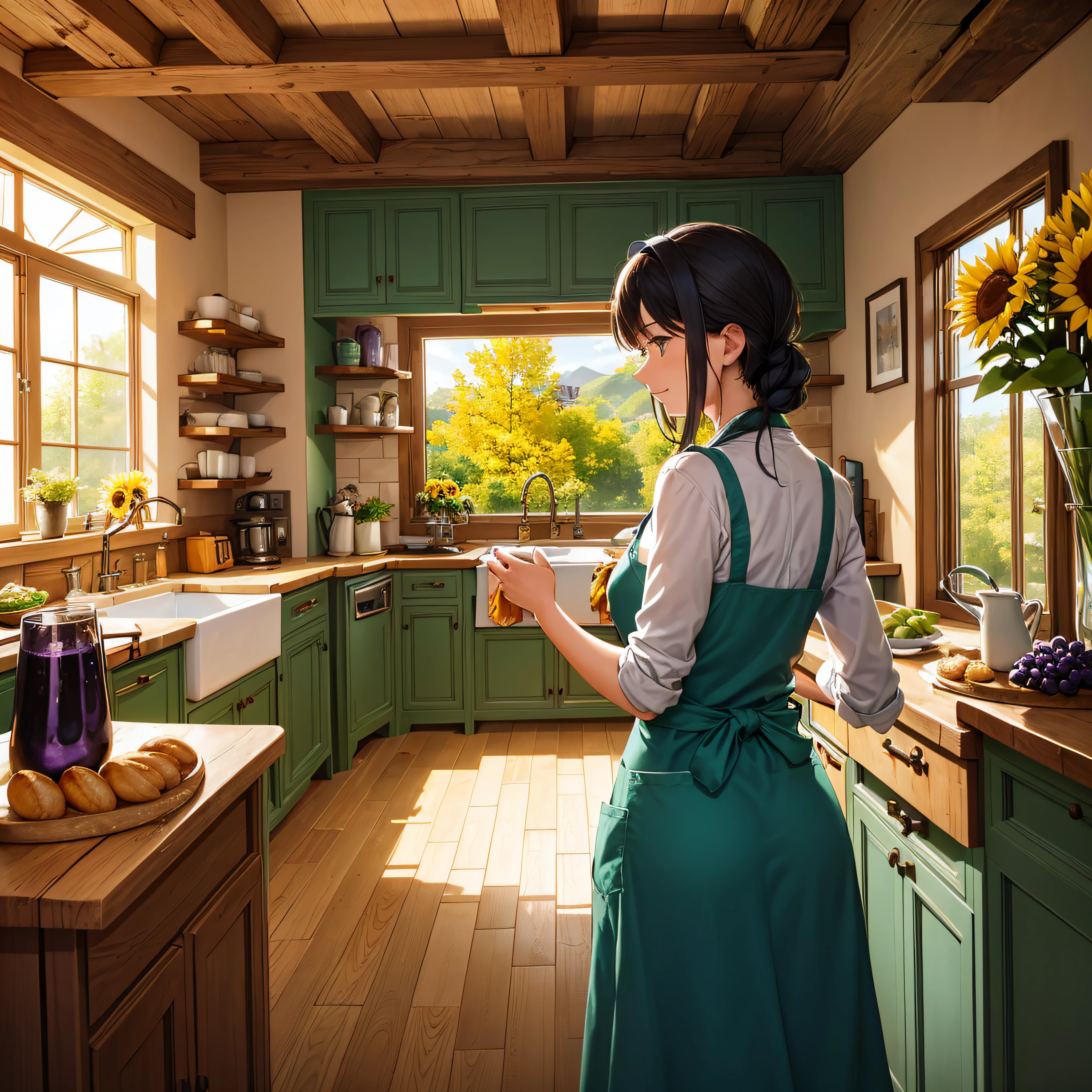 In a countryside cottage kitchen, the amber glow of the fireplace dances on the teal cabinets. Freshly baked bread, with its golden crust, sits next to a bowl of green apples and deep purple grapes. A woman, wearing a sunflower-yellow apron, brews a pot of tea, filling the room with a sense of home.