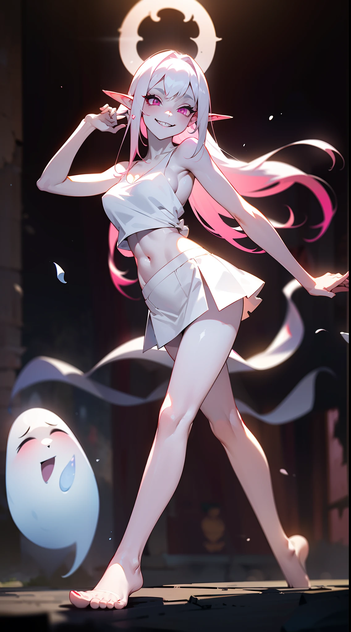 Original Character,8k, Masterpiece, Best Quality,Detailed, Beautiful Detailed Eyes,,cinematic composition,,1vampire girl,solo,pink eyes,white hair, long hair,(((white skin like a vampire,pale skin,colored skin))),sharp teeth,large breasts,(white mini tank top,white mini skirt),cleavage,(bare feet,bare belly,bare navel),(pink halo),white collar,elf ear,blush,((dancing in front a stones ruins in night,cutes ghosts around)),night,white skin,colored skin,crazy Eyes,Crazy Smile, Shaded Face,yandere, yandere,teeth,closed mouth,full body