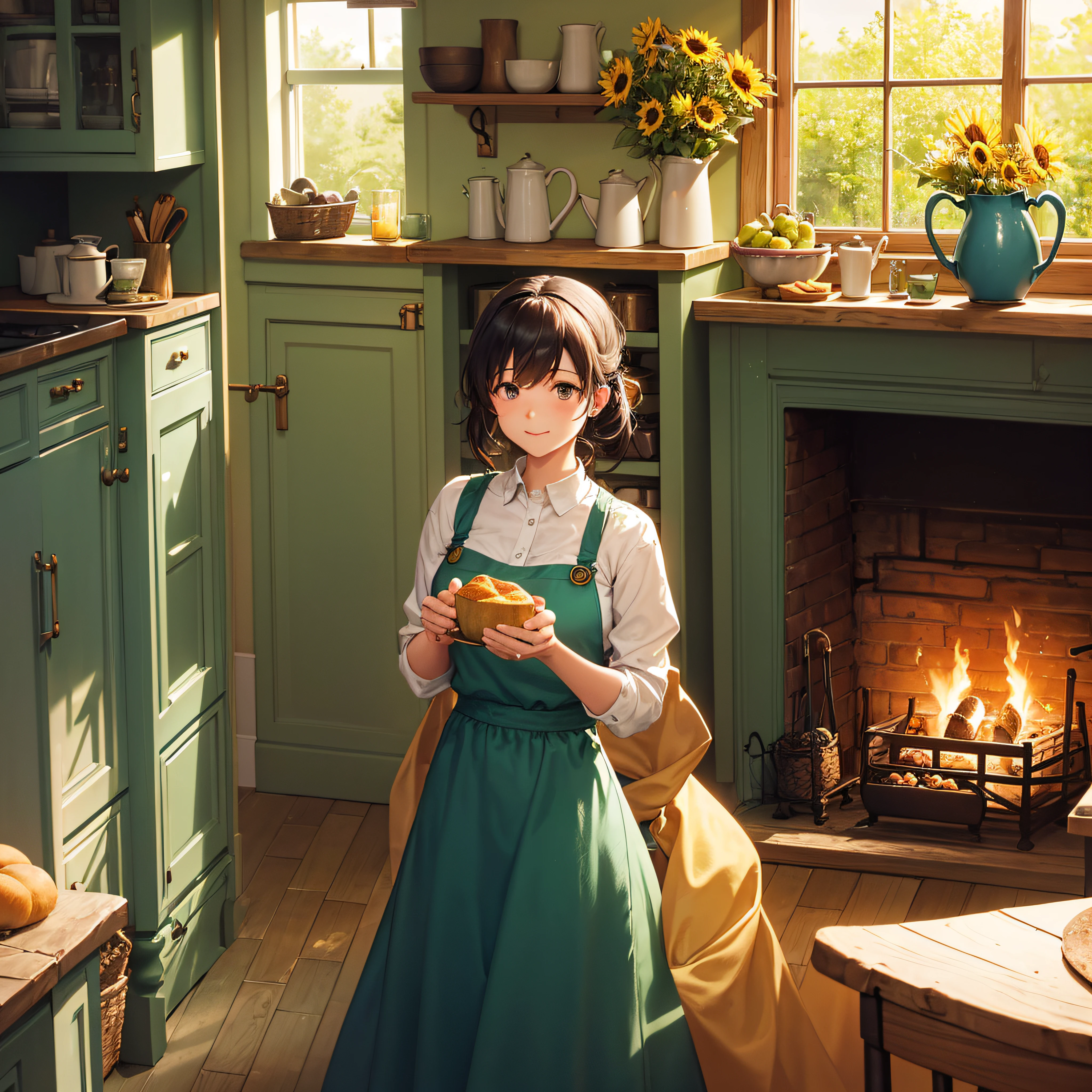 In a countryside cottage kitchen, the amber glow of the fireplace dances on the teal cabinets. Freshly baked bread, with its golden crust, sits next to a bowl of green apples and deep purple grapes. A woman, wearing a sunflower-yellow apron, brews a pot of tea, filling the room with a sense of home.