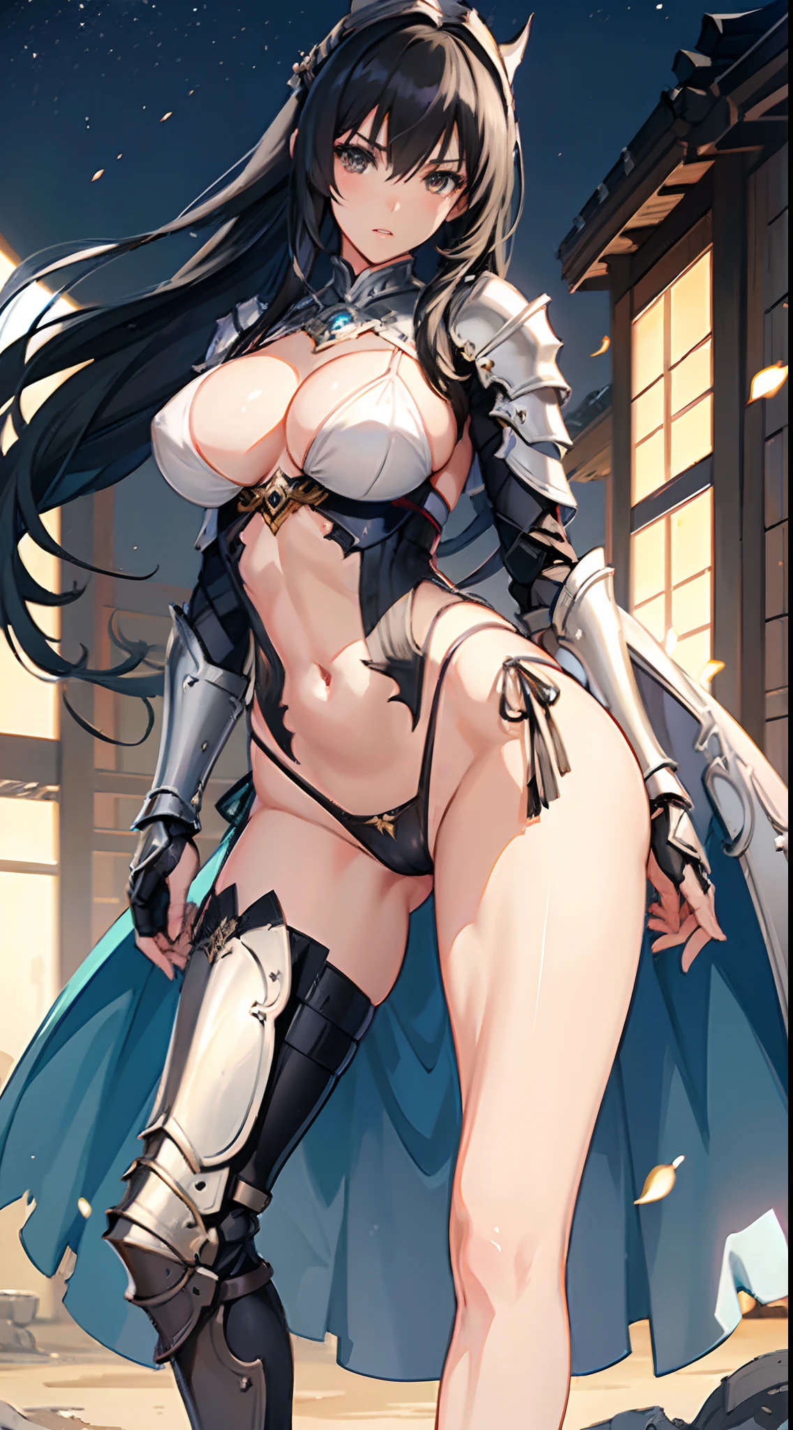 ((slanted eye)),(A MILF),(((maturefemale,adult  woman))),独奏,masutepiece,top-quality, ultra-definition, max resolution, A highly detailed,((((Beautiful skins)))), Extremely sexy,Colossal tits,White panties,blush,high legs,thong,bikini-armor,armor girl,Bikini Armor, White bikini armor, ornate bikini armor, Female knight, Gorgeous Female Paladin,Beautiful armor,cleavage,overknee socks,A Japanese style,At night,groin,Big ass,Beautiful black hair、Black eyes,poneyTail