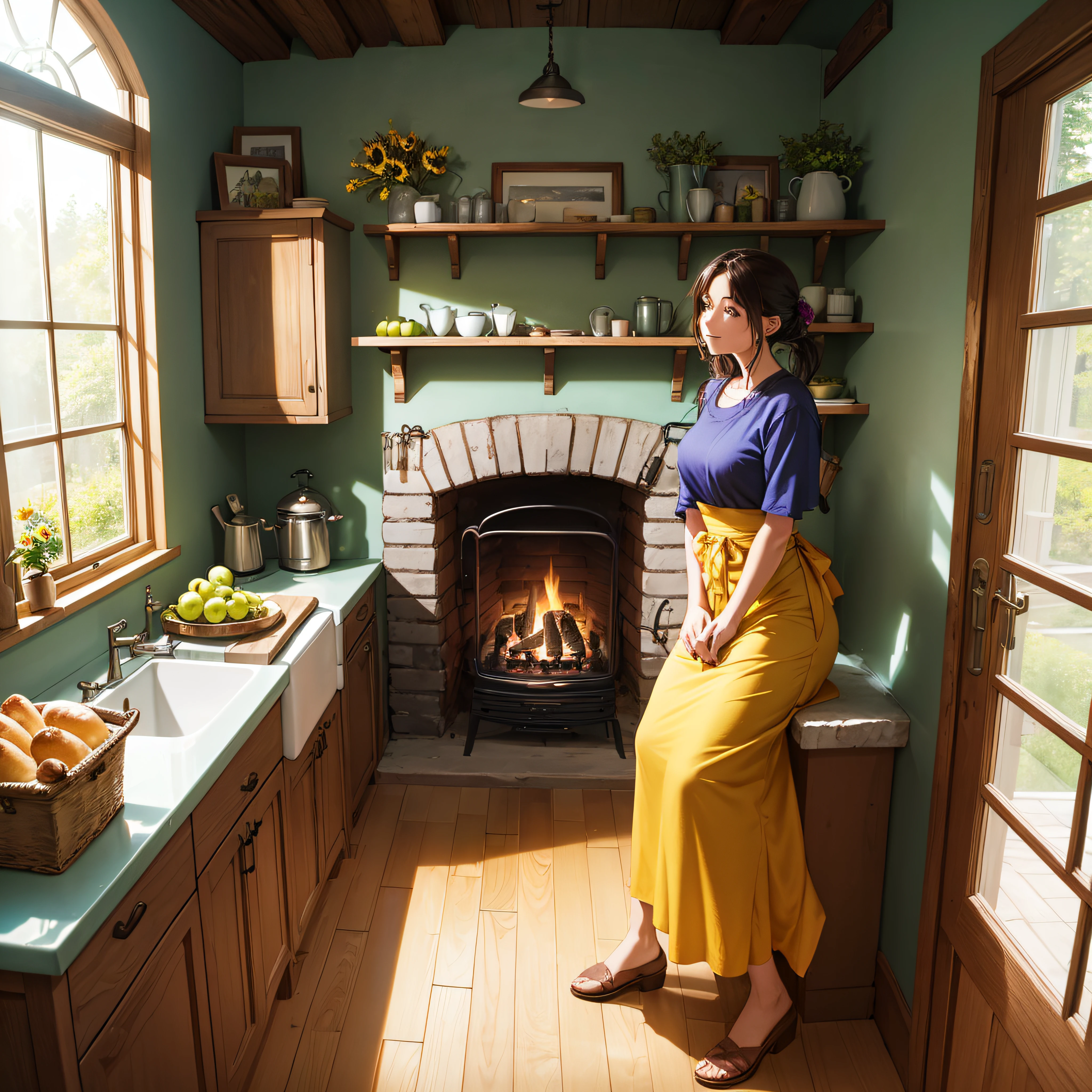 In a countryside cottage kitchen, the amber glow of the fireplace dances on the teal cabinets. Freshly baked bread, with its golden crust, sits next to a bowl of green apples and deep purple grapes. A woman, wearing a sunflower-yellow apron, brews a pot of tea, filling the room with a sense of home.