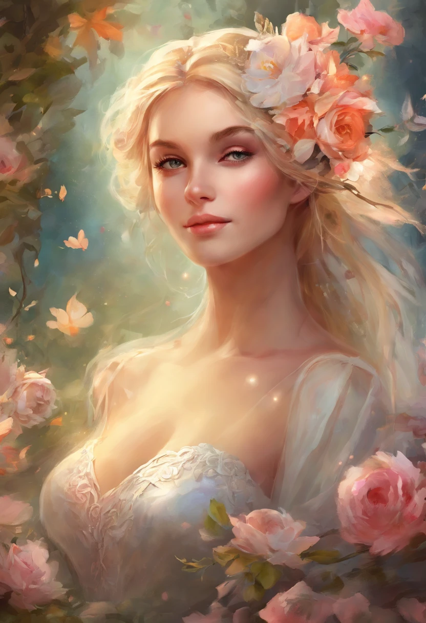 blonde german bride, lots of big flowers around, masterpiece, sharp focus on eyes