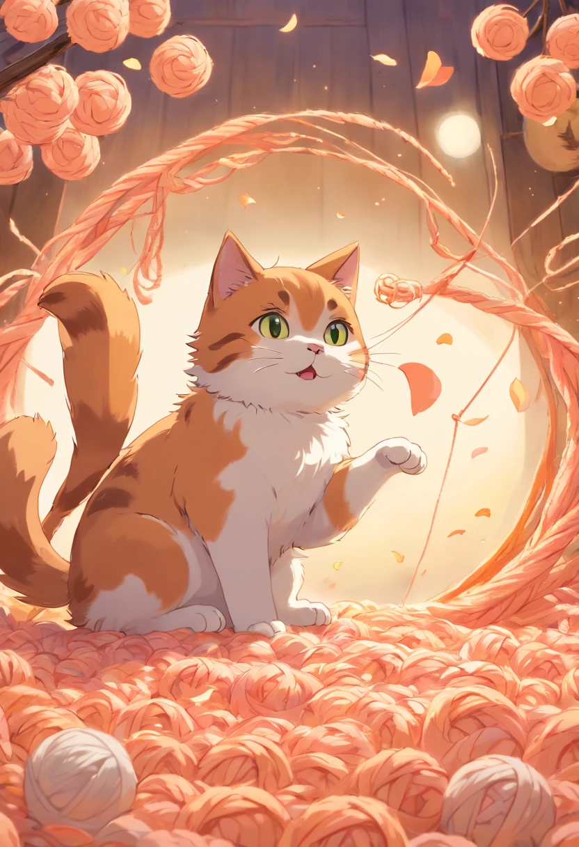 masterpiece, best quality, cat and ball of yarn, cat playing with ball of yarn, details, warm colors, falling peach petals around, cat anime, cute