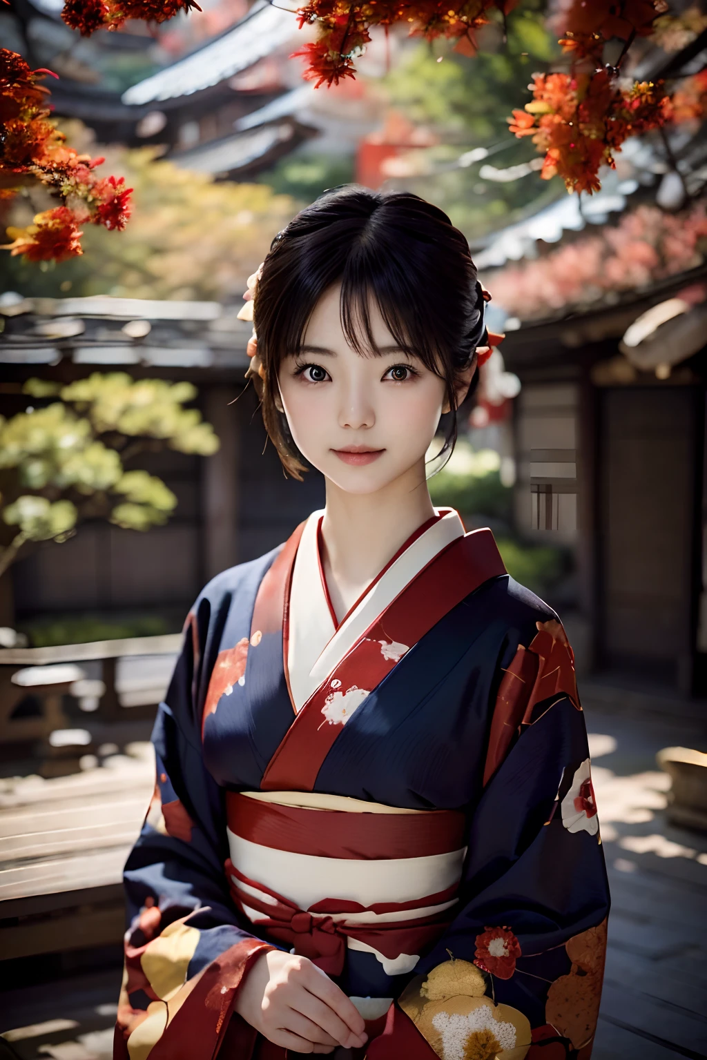 Digital portrait of Japan short-haired woman, Beautiful face,hair messy,Convoluted, Cinematic, unreal enginee 5, a gorgeous, Incredible color grading, Kimono,Japanese dress,Hakama, Photography, cinematic photography, art by、ssmile