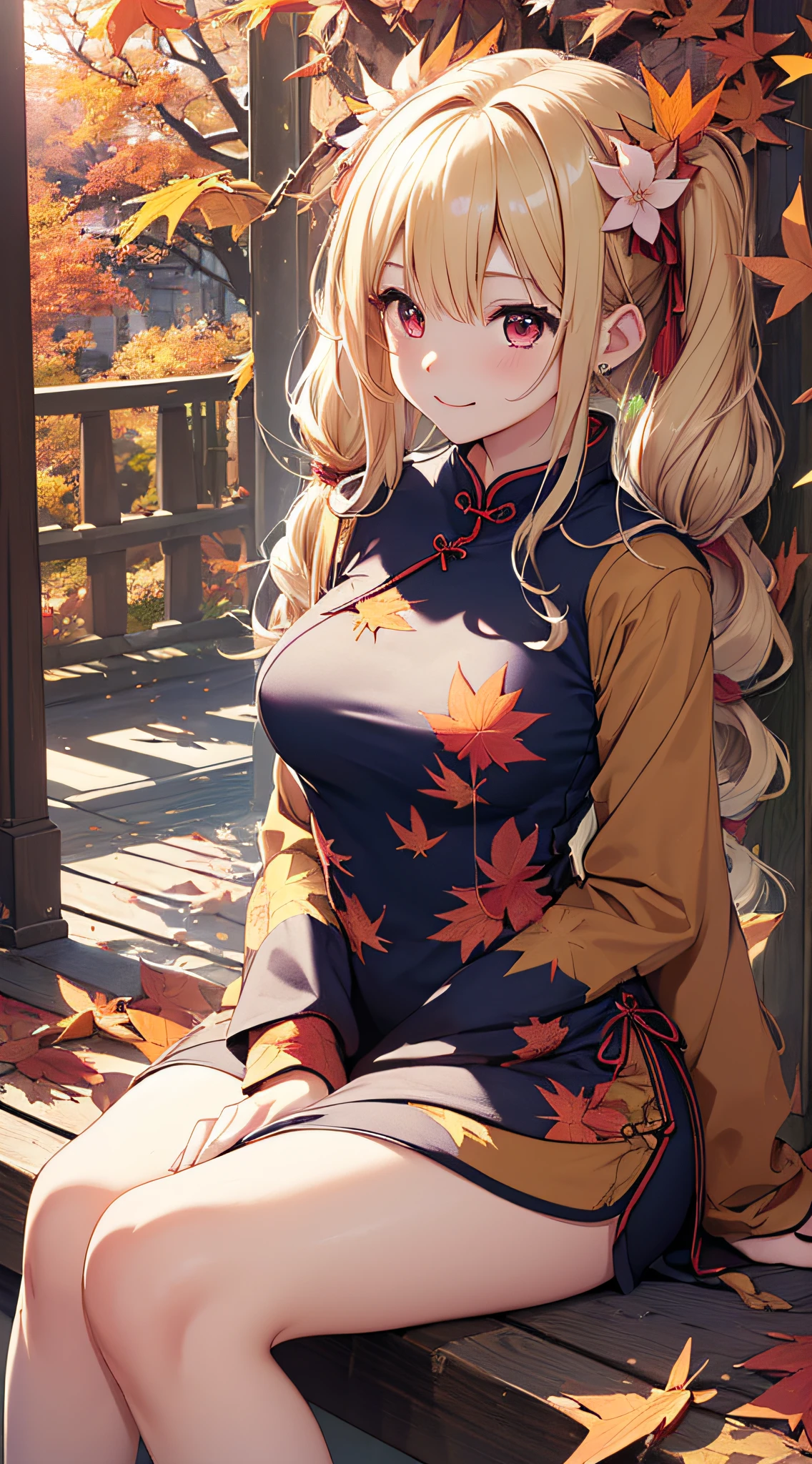 top-quality、Top image quality、masterpiece、girl with((18year old、Blue cheongsam、Best Bust、Bust 90、Blonde twintails、Red Eyes、open chest wide、Valley、Happiness、A slender、ssmile,Cherry Blossom Hair Ornament、sit on a bench、During sleep、))hiquality、Beautiful Art、Background with((Park of autumn leaves))、masutepiece、Elaborate design、visualart、