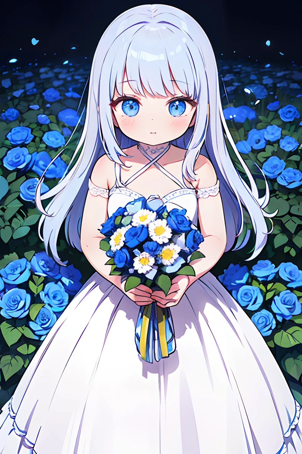 1girl, solo, flowers, long hair, blue flowers in the background, shiny hair, flower bouquet, tone mapped, high contrast, strings, love, heart