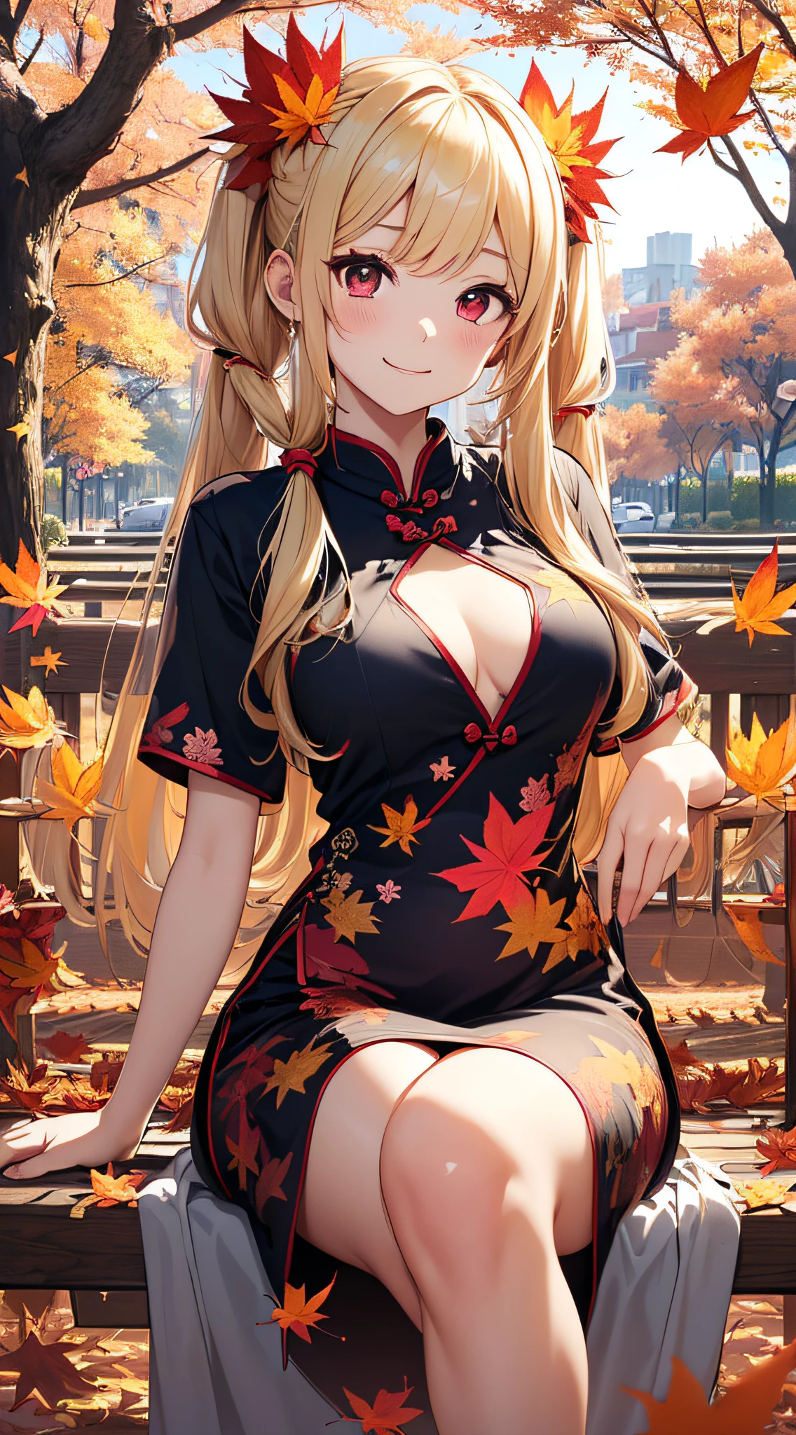 top-quality、Top image quality、​masterpiece、girl with((18year old、Blue cheongsam、Best Bust、Bust 90、Blonde twintails、Red Eyes、open chest wide、Valley、Happiness、A slender、ssmile,Cherry Blossom Hair Ornament、sit on a bench、During sleep、)）hiquality、Beautiful Art、Background with((Park of autumn leaves))、masutepiece、Elaborate design、visualart、