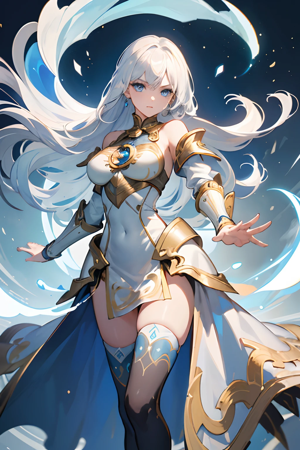 Silent magician, ropa apretada, poca piel visible, (( ruborizada, sonrisa, oiled skin)), pelo largo, cabello blanco, (( white hair, piernas descubiertas)), sombrero blanco, Skinny body, abs, muscle, muscle girl, big sagging breast , monstruo de duelo, Iparuputsua, de pie en la entrada de un castillo, brazos a los costados, magic world background, mundo medieval .