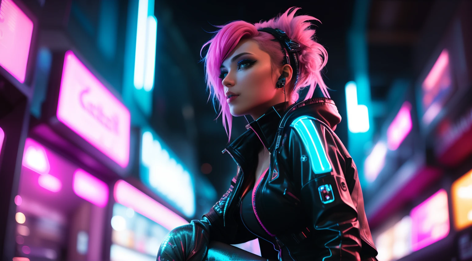 A close up photo of a female with a pink and blue punk hairstyle. She wears a futuristic dress with glowing circuit patterns. She is sitting a bar, the neon lights and reflections create a visually stunning composition. Epic character composition, sharp focus, and natural lighting. The subsurface scattering effect adds a touch of an ethereal glow, while the f2 aperture and 35mm lens create a perfect balance of depth and detail. 7cy6er7p0nk9