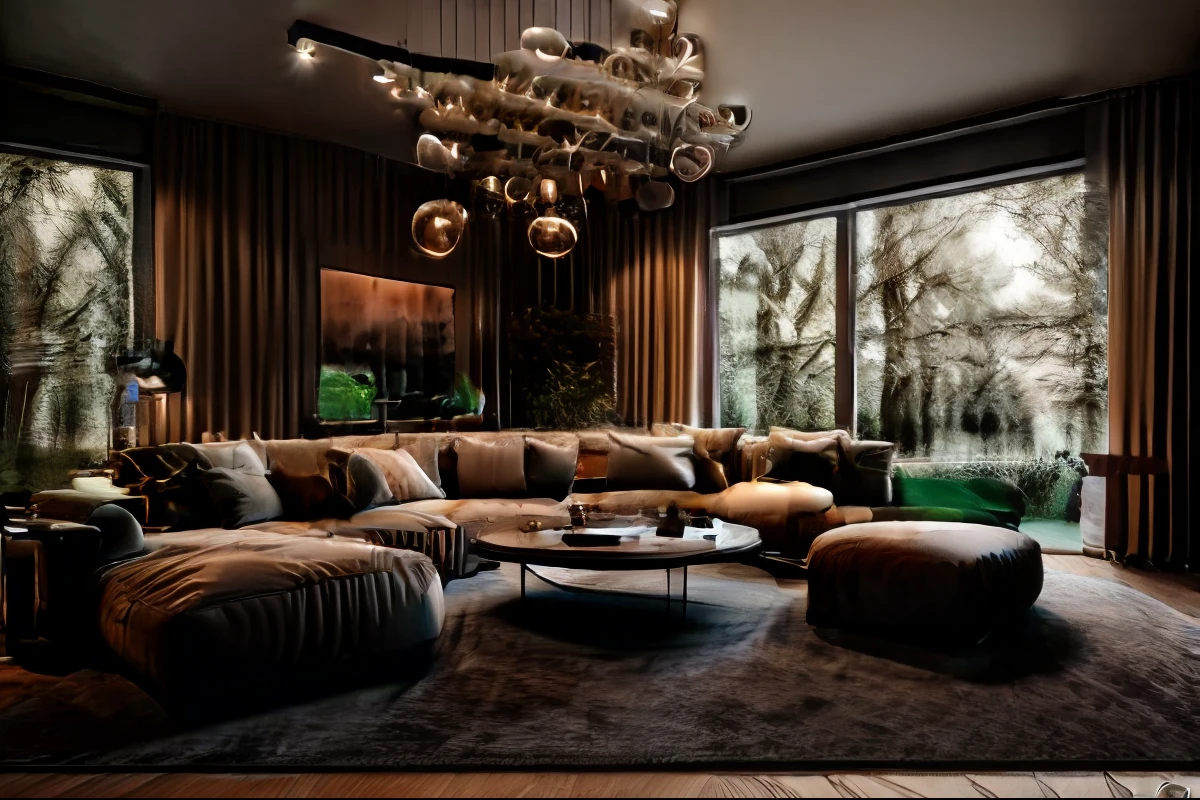 Masterpiece, high quality, best quality, authentic, super detail, interior, minimalist livingroom, modern ceiling,carpet,similar color tones,warm light