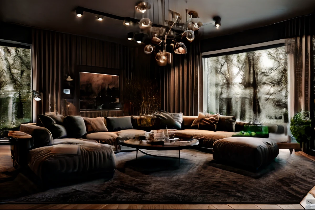 Masterpiece, high quality, best quality, authentic, super detail, interior, minimalist livingroom, modern ceiling,carpet,similar color tones,warm light