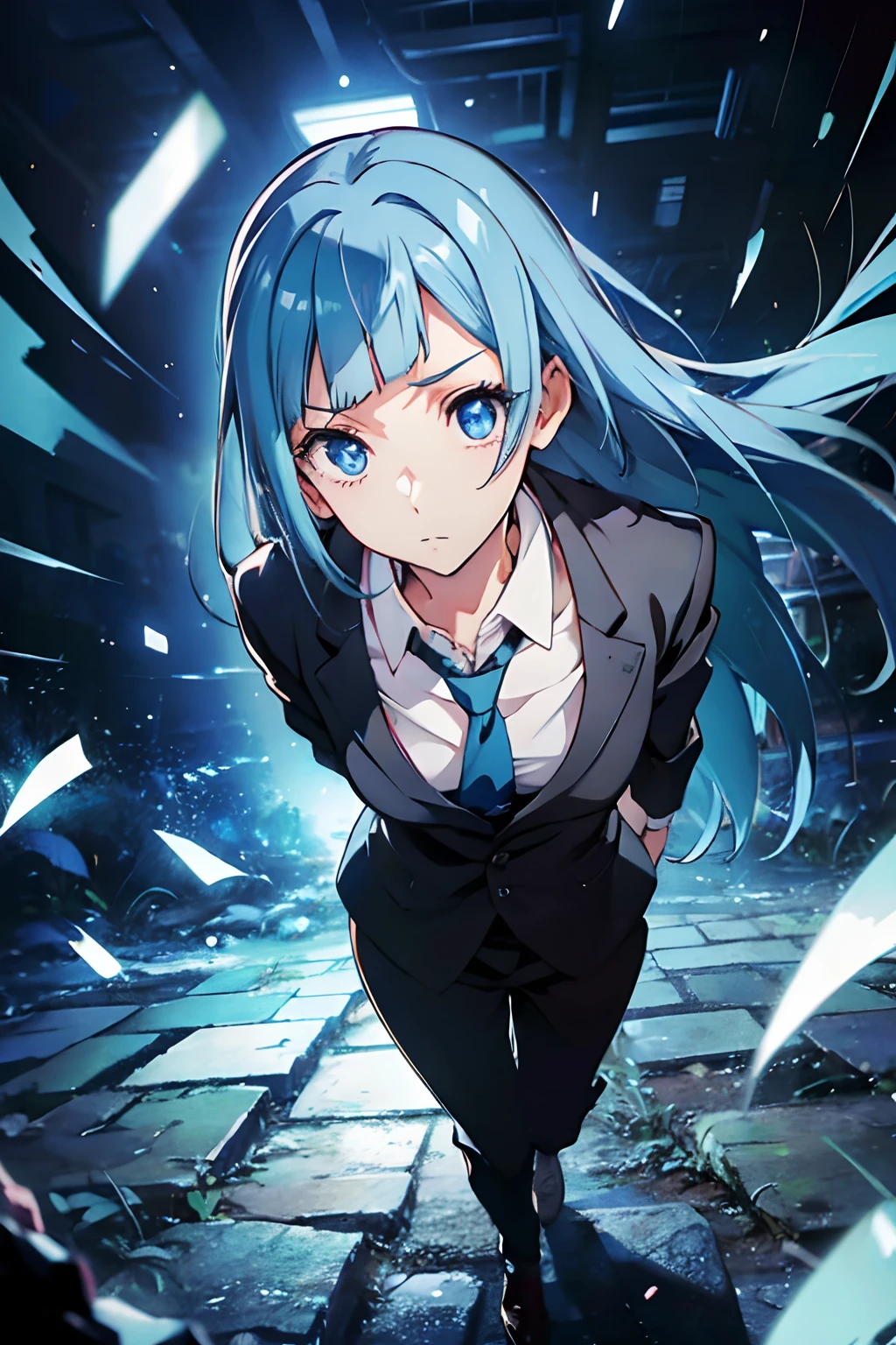 miwakasumi, Eyes, Blue hair, Long hair, Breaking a tie, Black suit，trouser，BREAK looking at viewer, Full body, Break indoors, crass room, BREAK (masutepiece:1.2), Best Quality, High resolution, Unity 8k壁纸, (Illustration:0.8), (Beautiful detailed eyes:1.6), extra detailed face, Perfect Lighting, extremely details CG, (Perfect hands, Perfect Anatomy)