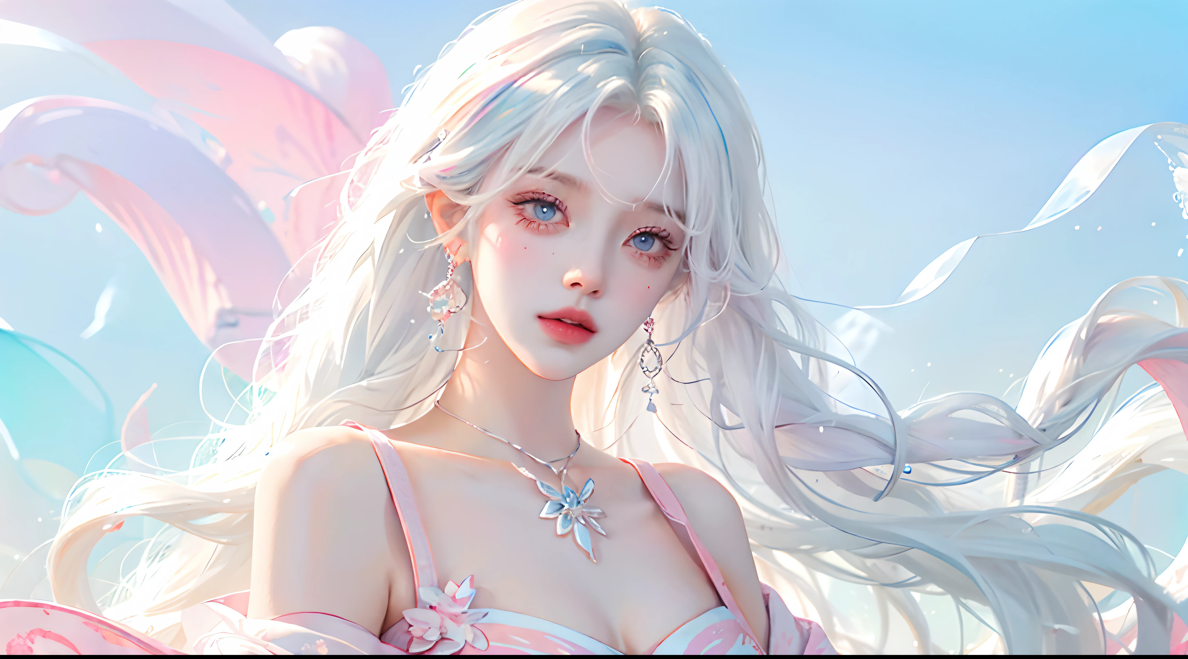 （tmasterpiece、best qualtiy、A high resolution），white backgrounid，Acrylic paints，（（splash of color，Splash ink、Color splattering）），Sweet Chinese girl，light blue long hair，[light blues|Pink big breasts]the hair，curlies，glitters，Pink lips，White color blouse，frontage，Upper body masterpiece，Need，ultra - detailed，illustration，sportrait，1girll，Colorful eyes，long whitr hair，curlies，By bangs，Look sideways at the camera，with a pure white background，gradient backgrounds，Harnes，cropped shoulders，Modern dress ，swordsman，White hair，White-haired god，