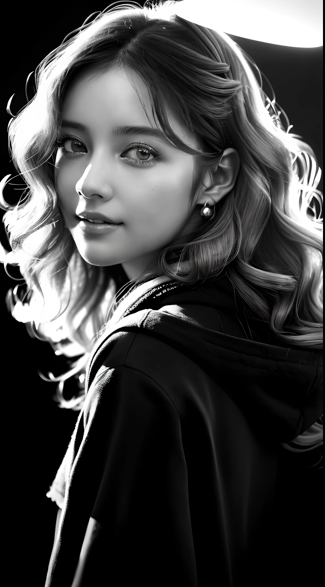 Russian Girl, Trends on ArtStation, Trends on CGSociety, Intricate, High Detail, Clear Focus, Dramatic, Realistic Art of Drawing, by Midjourney and Greg Rutkowski, ((Best Quality)), ((Masterpiece)), High Resolution, Original, Very Detailed Wallpaper, Very Delicate and Pretty, Illustration, Cinematic Light, Volumetric Light, Halo Effect, Light Particles, ((1girl)), beautifuldetailedeyes, longsleeves, hoodie, frills, noshadow, simplebackground, (((black background))), European, bright, (((1980s(style)))), cinema, silhouette, grayscale, monochrome, ((large wavy curls)), slit pupils, (((looking back))), cinematic angles, ((( (close-up))),(((portrait))), lens flare, seductive smile, tarot cards, medium hair