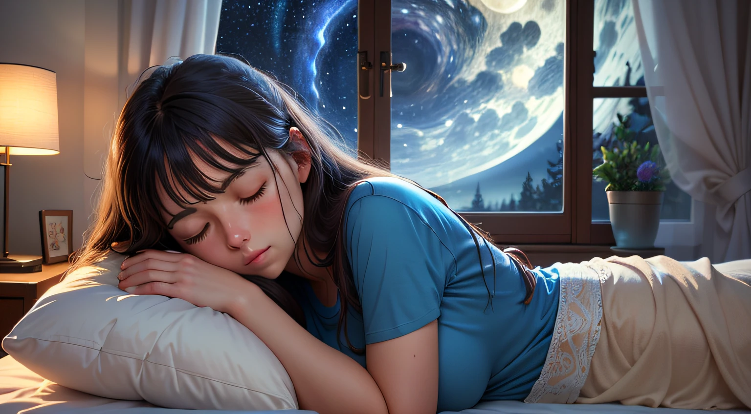 cielo nocturno、realisitic、Mujer durmiendo sobre manta、Un aura radiante emana de una mujer durmiendo en una manta larga、super high resolution、un moreno
